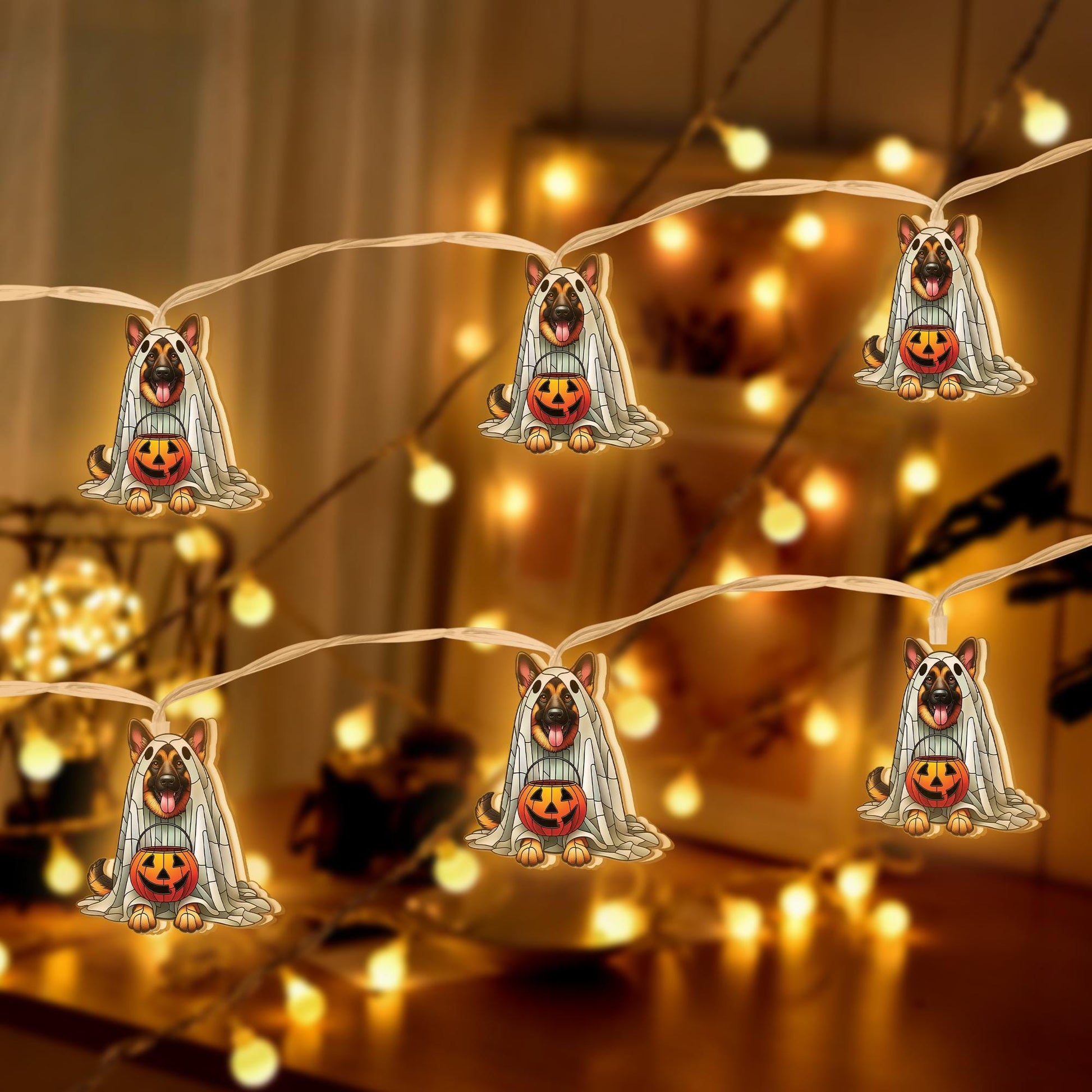 German Shepherd Ghost Lights, Halloween Dog String Lights, Spooky Puppy Garland, Jack O'Lantern Decor, Pet Lover Halloween Decor