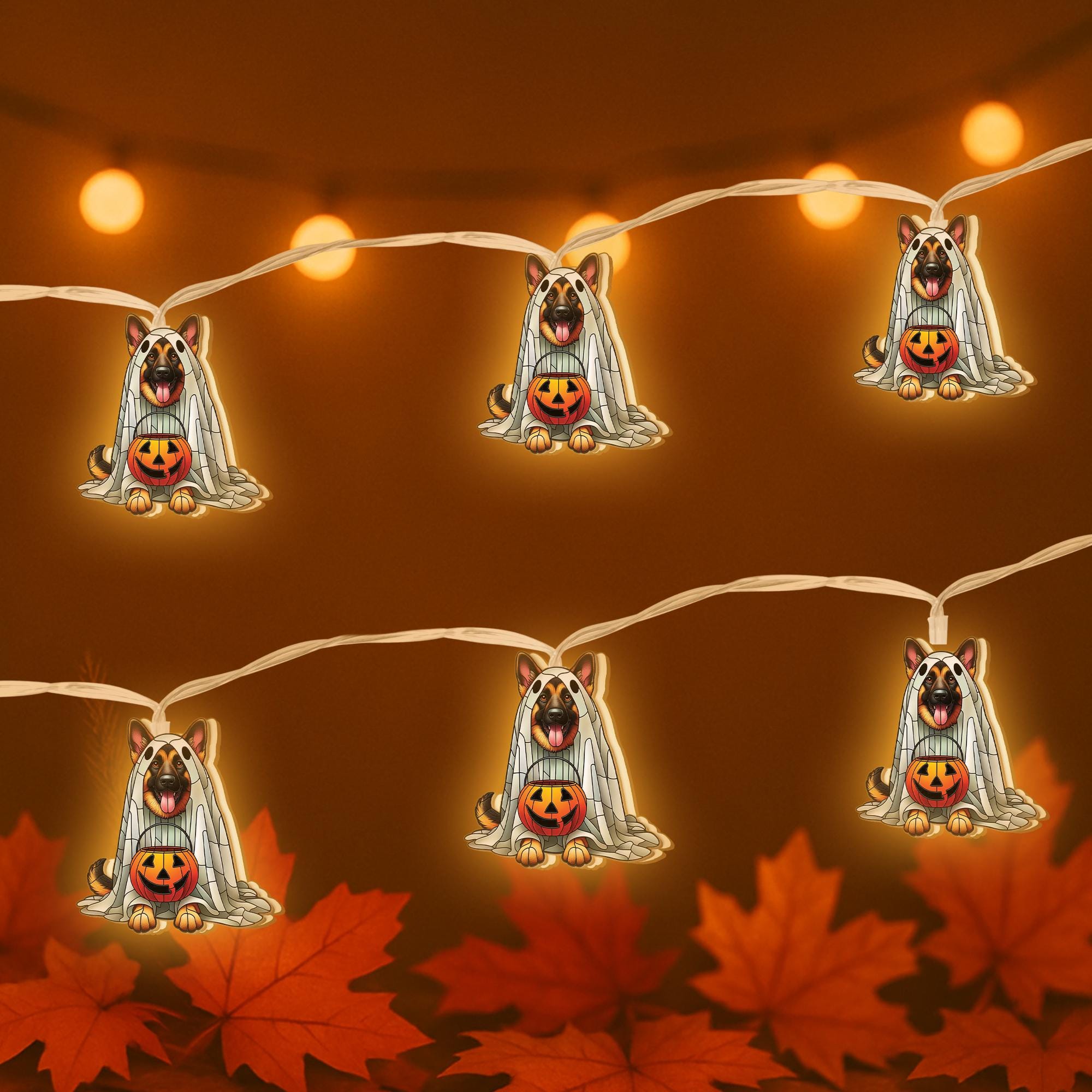 German Shepherd Ghost Lights, Halloween Dog String Lights, Spooky Puppy Garland, Jack O'Lantern Decor, Pet Lover Halloween Decor