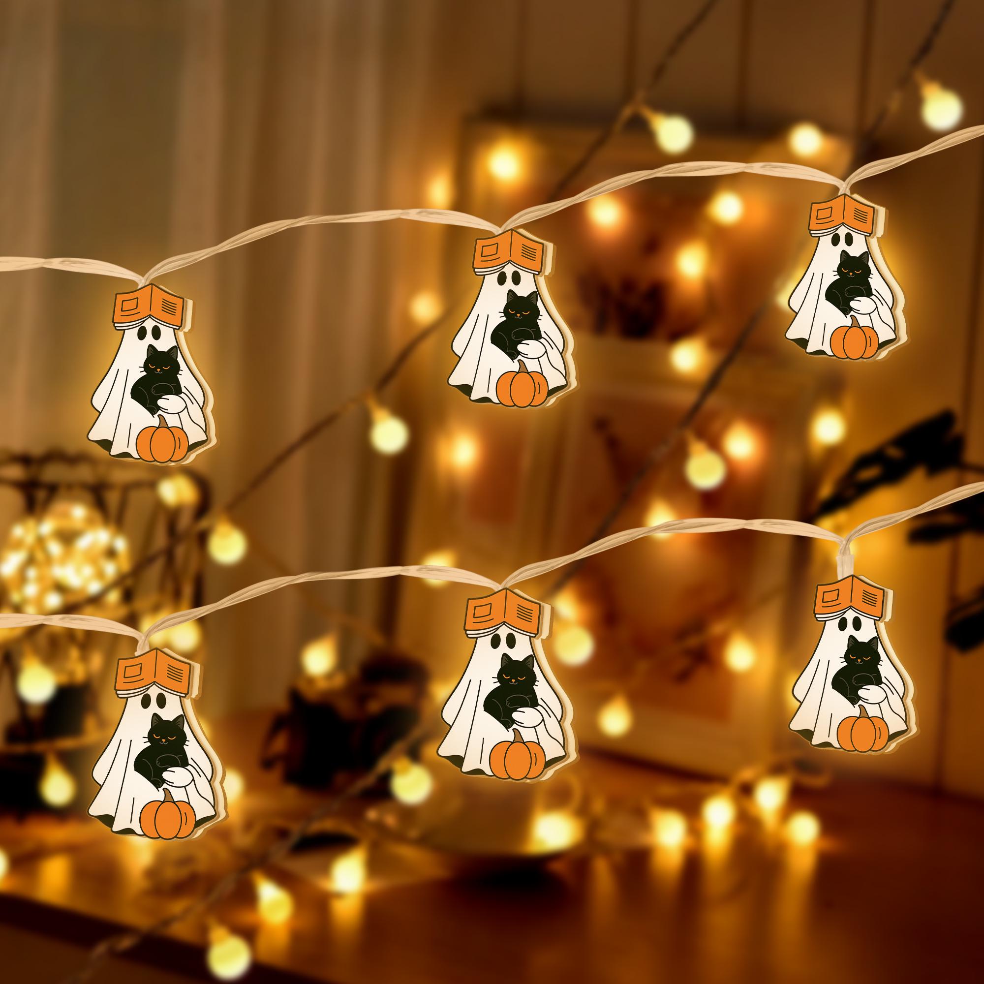 Ghost Cat String Lights, Fall Reading Decor, Wood Halloween Garland, Autumn Ghost Lights, Bookish Black Cat String Lights Cozy