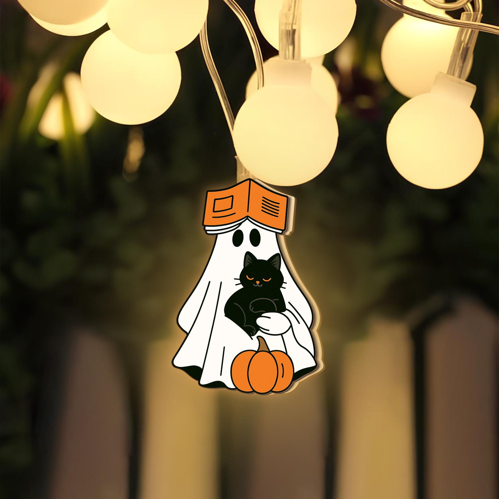 Ghost Cat String Lights, Fall Reading Decor, Wood Halloween Garland, Autumn Ghost Lights, Bookish Black Cat String Lights Cozy
