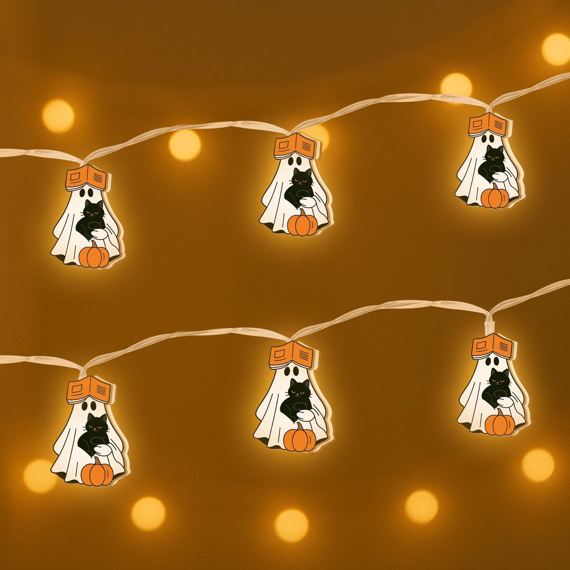 Ghost Cat String Lights, Fall Reading Decor, Wood Halloween Garland, Autumn Ghost Lights, Bookish Black Cat String Lights Cozy