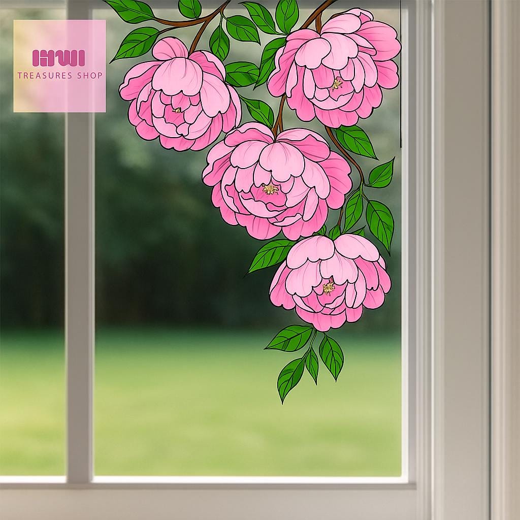 Peony Window decor, Floral Vinyl Decal, Transparent Pink Flower Sticker, Window Decor, Spring Garden Accent gift for peony lover