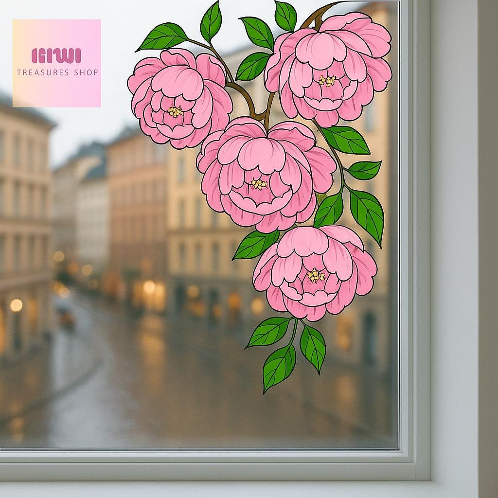 Peony Window decor, Floral Vinyl Decal, Transparent Pink Flower Sticker, Window Decor, Spring Garden Accent gift for peony lover