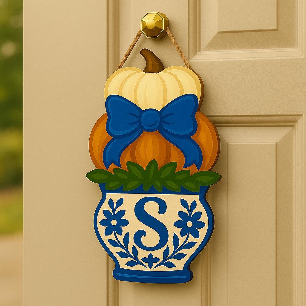 Custom Pumpkin Monogram Door Hanger, Chinoiserie Fall Decor, Blue Bow Porch Sign, Personalized Autumn Door Decoration
