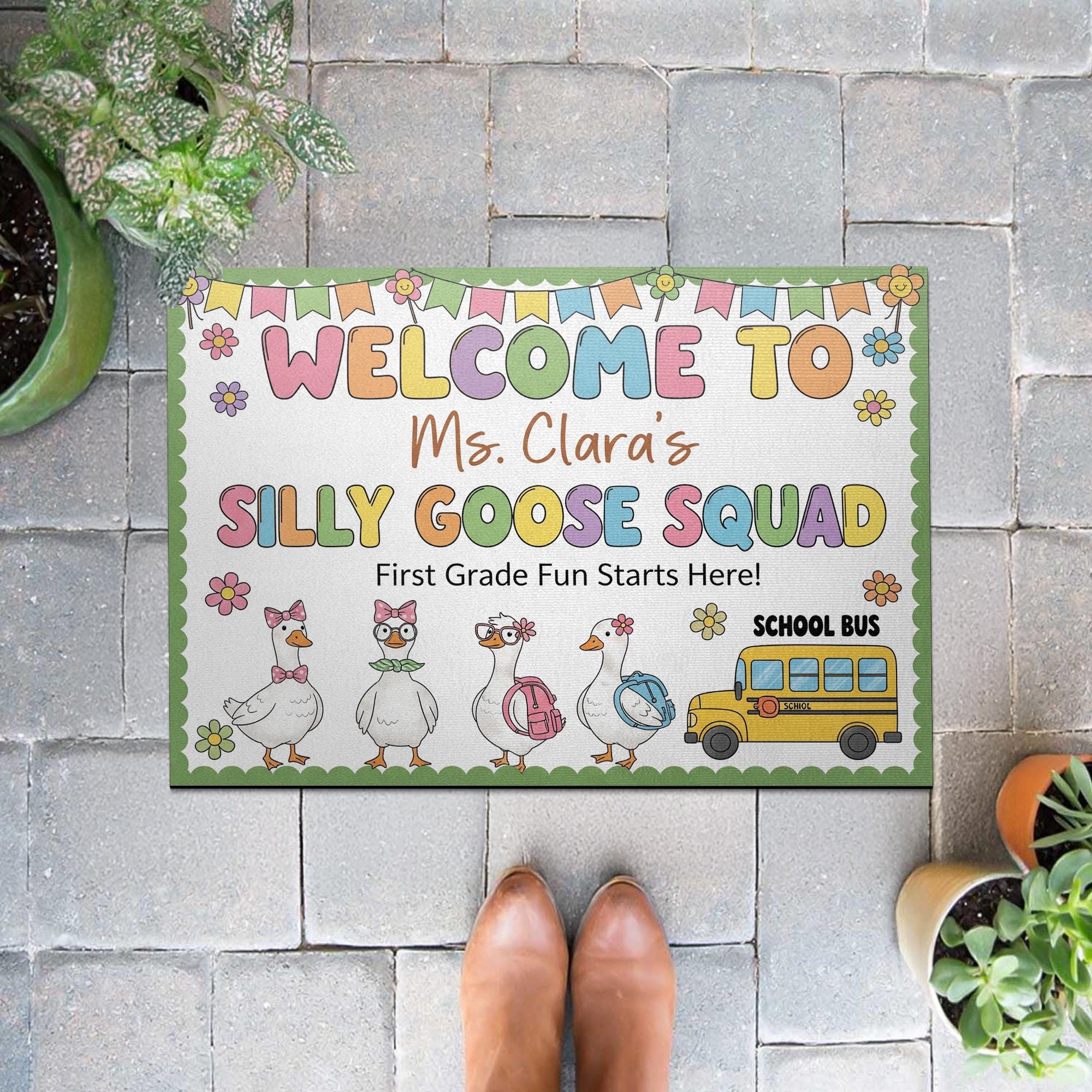 Personalized Teacher Doormat - Welcome to Silly Goose Squad Rug, First Grade Classroom Decor, Funny School Mat, Custom Teacher Gift