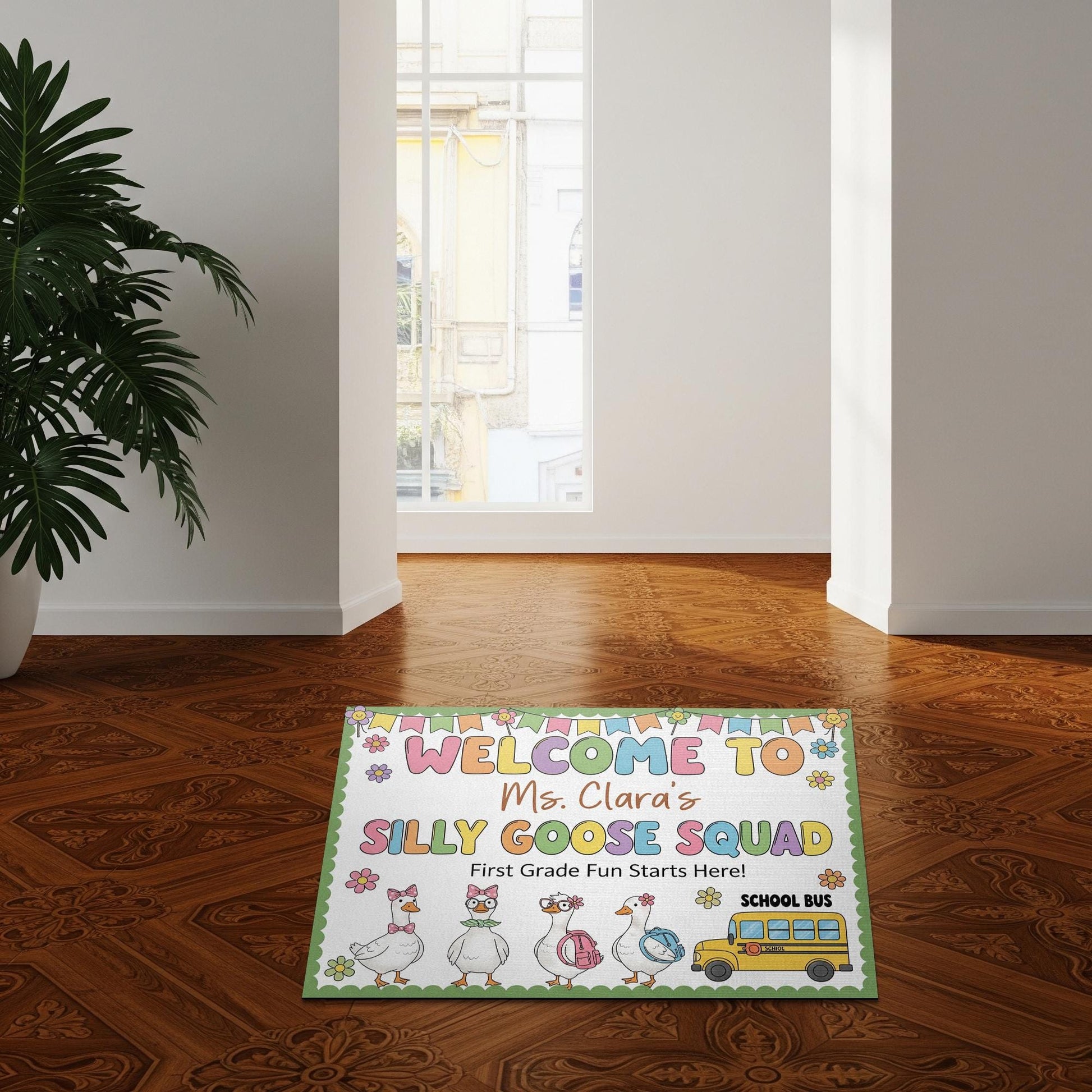Personalized Teacher Doormat - Welcome to Silly Goose Squad Rug, First Grade Classroom Decor, Funny School Mat, Custom Teacher Gift