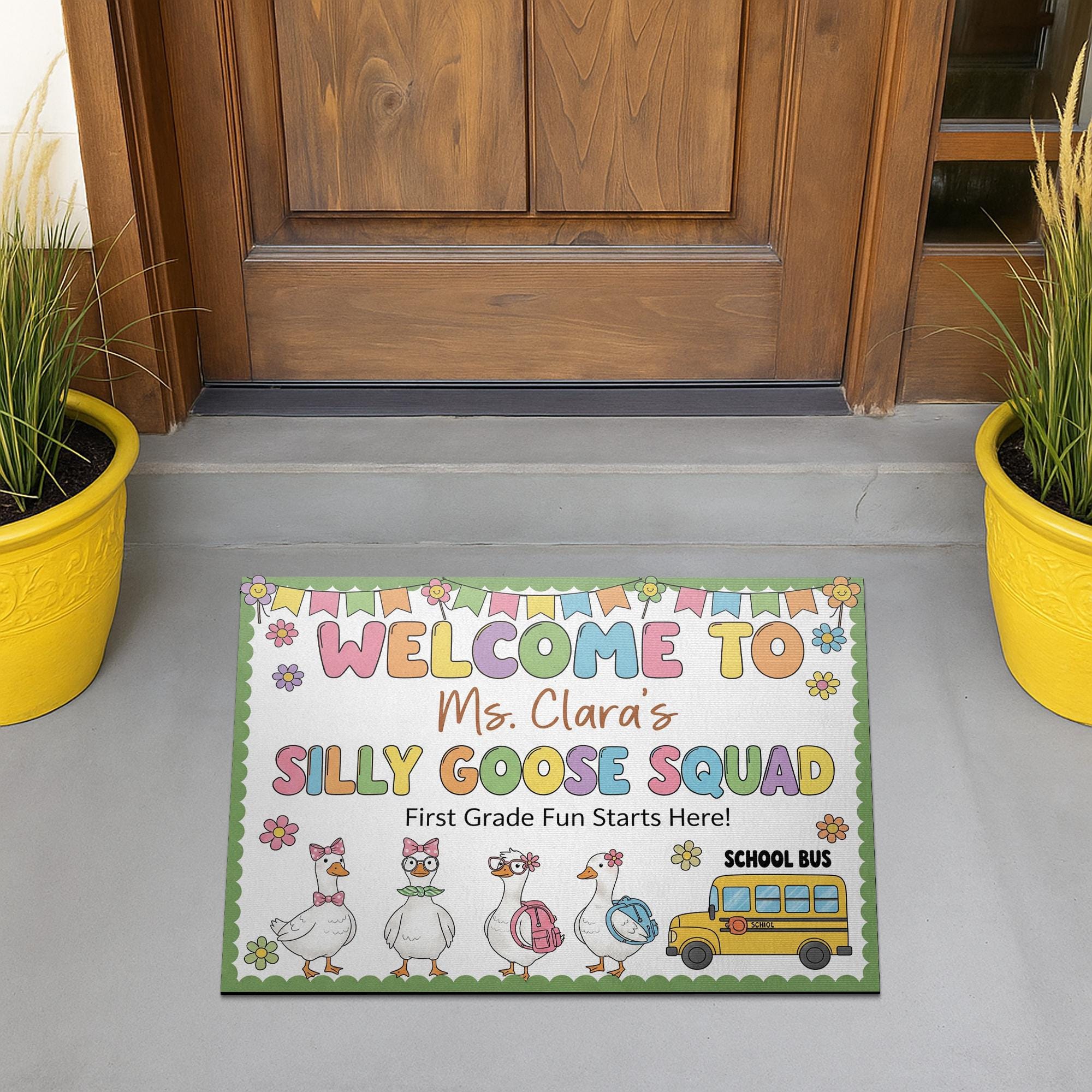 Personalized Teacher Doormat - Welcome to Silly Goose Squad Rug, First Grade Classroom Decor, Funny School Mat, Custom Teacher Gift