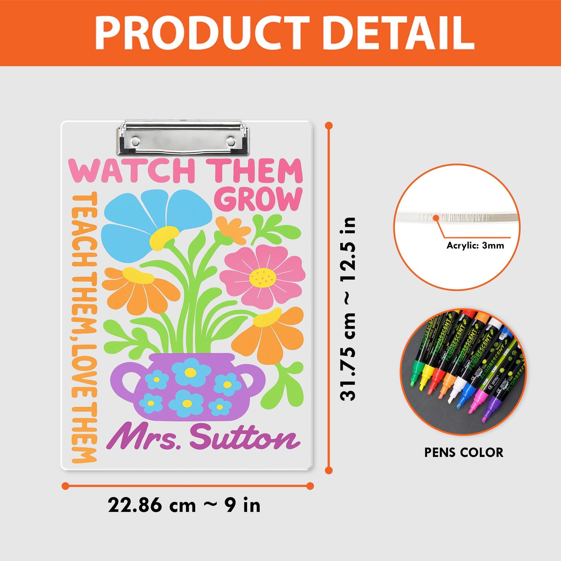 Personalized Teacher Clipboard - Watch Them Grow Floral Design, Custom Name Gift for Classroom, Teacher Back To School Supplies Accessories