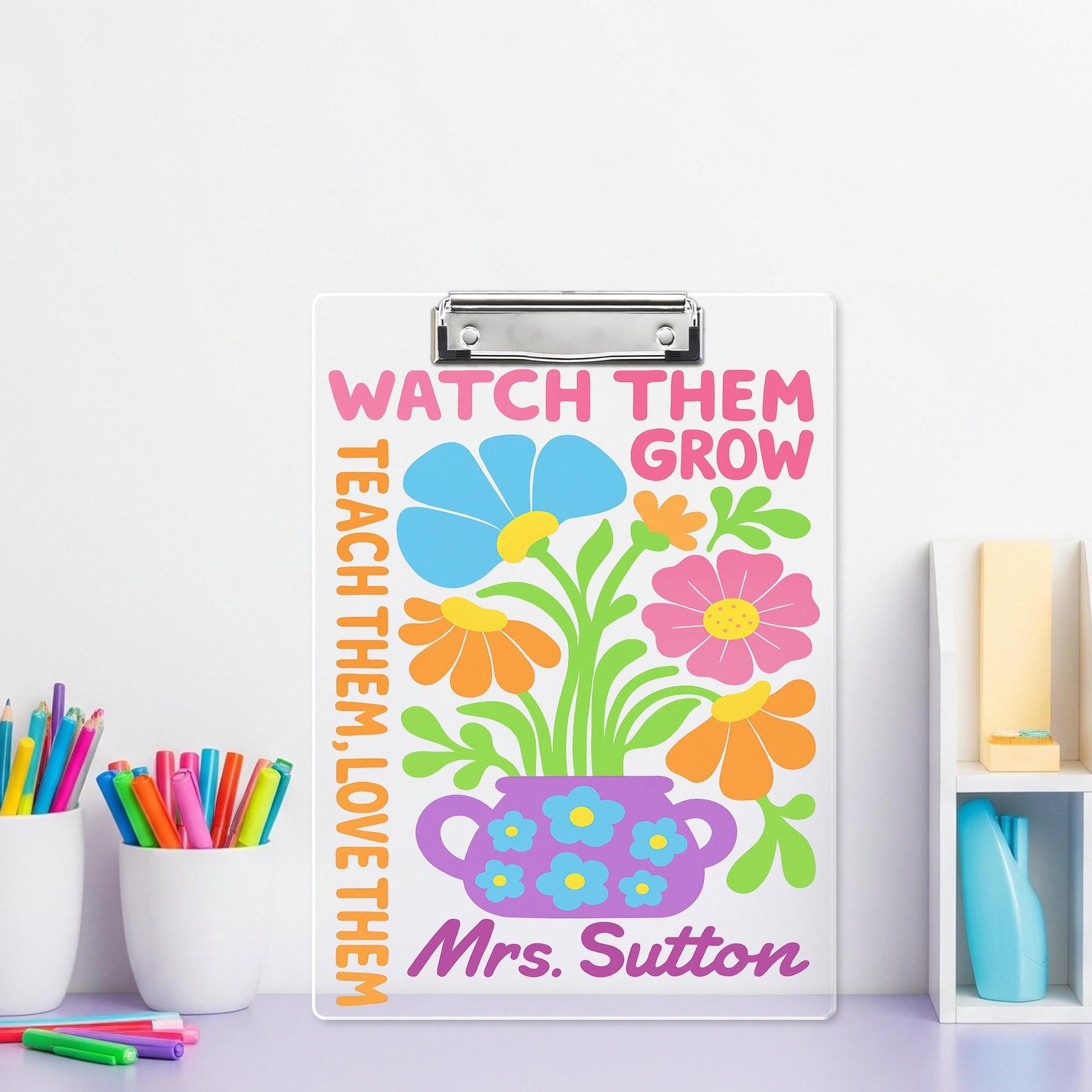 Personalized Teacher Clipboard - Watch Them Grow Floral Design, Custom Name Gift for Classroom, Teacher Back To School Supplies Accessories