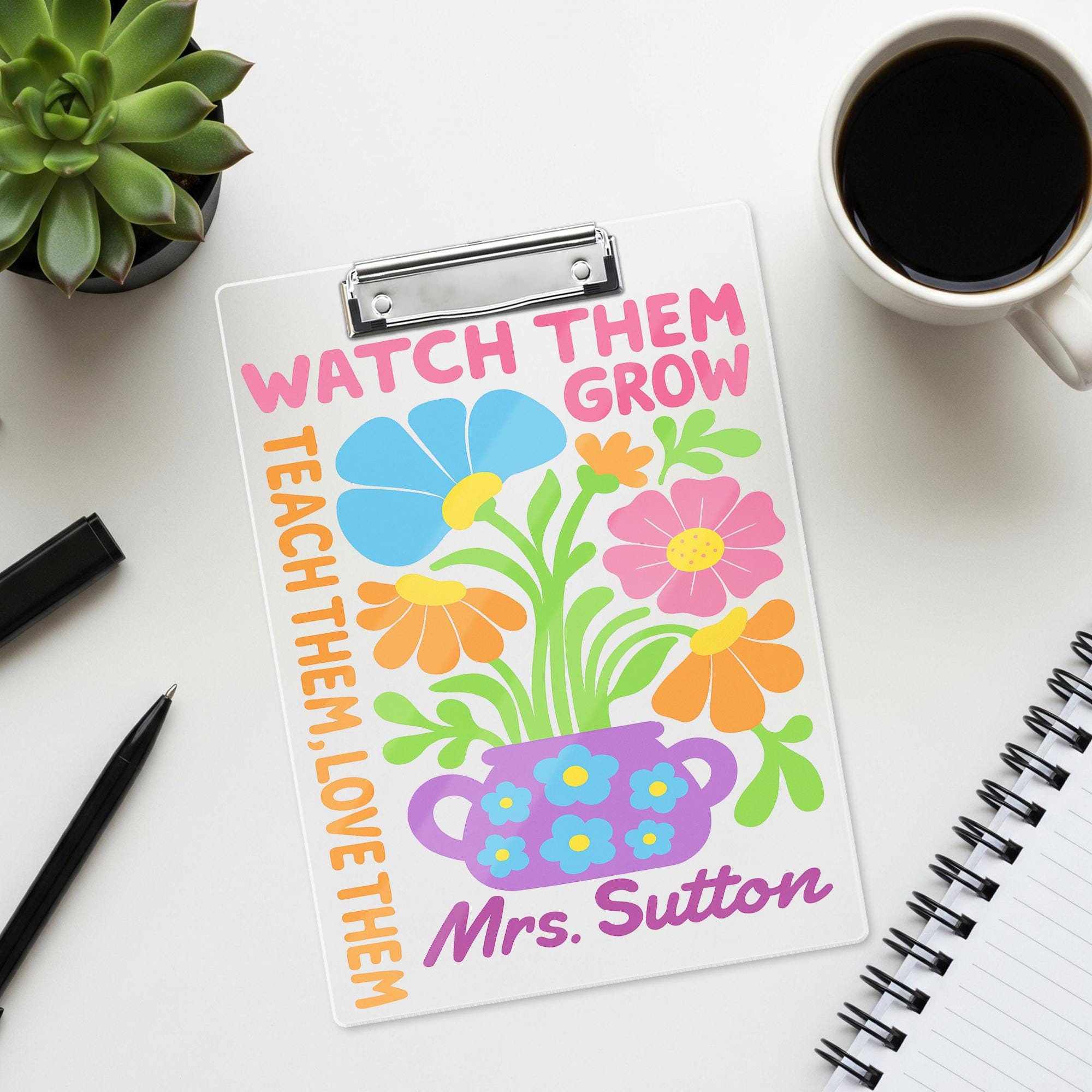 Personalized Teacher Clipboard - Watch Them Grow Floral Design, Custom Name Gift for Classroom, Teacher Back To School Supplies Accessories