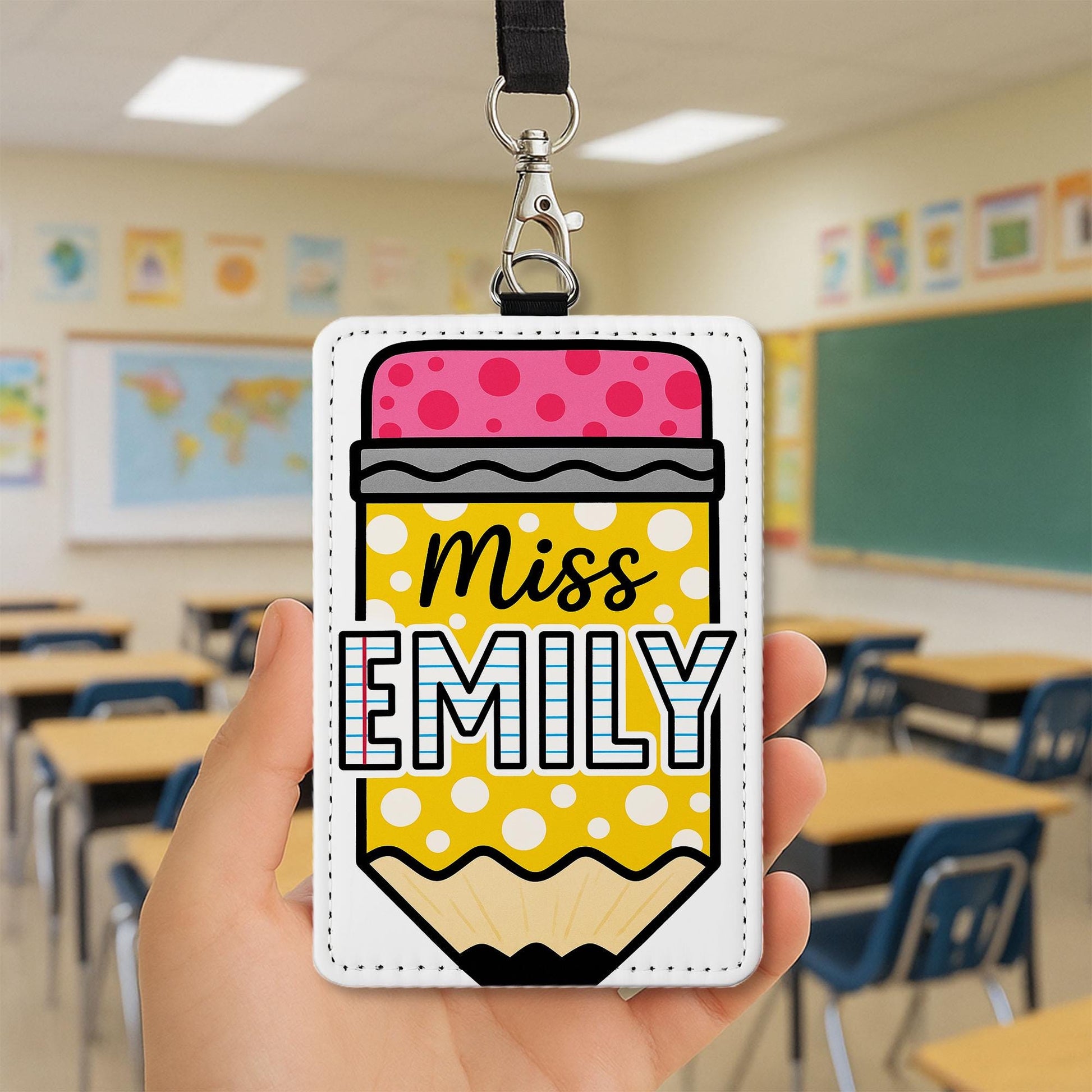 Pencil Teacher Badge Holder, Personalized Leather ID Tag, Custom Name Lanyard, Back to School Gift, Cute Classroom Accessory