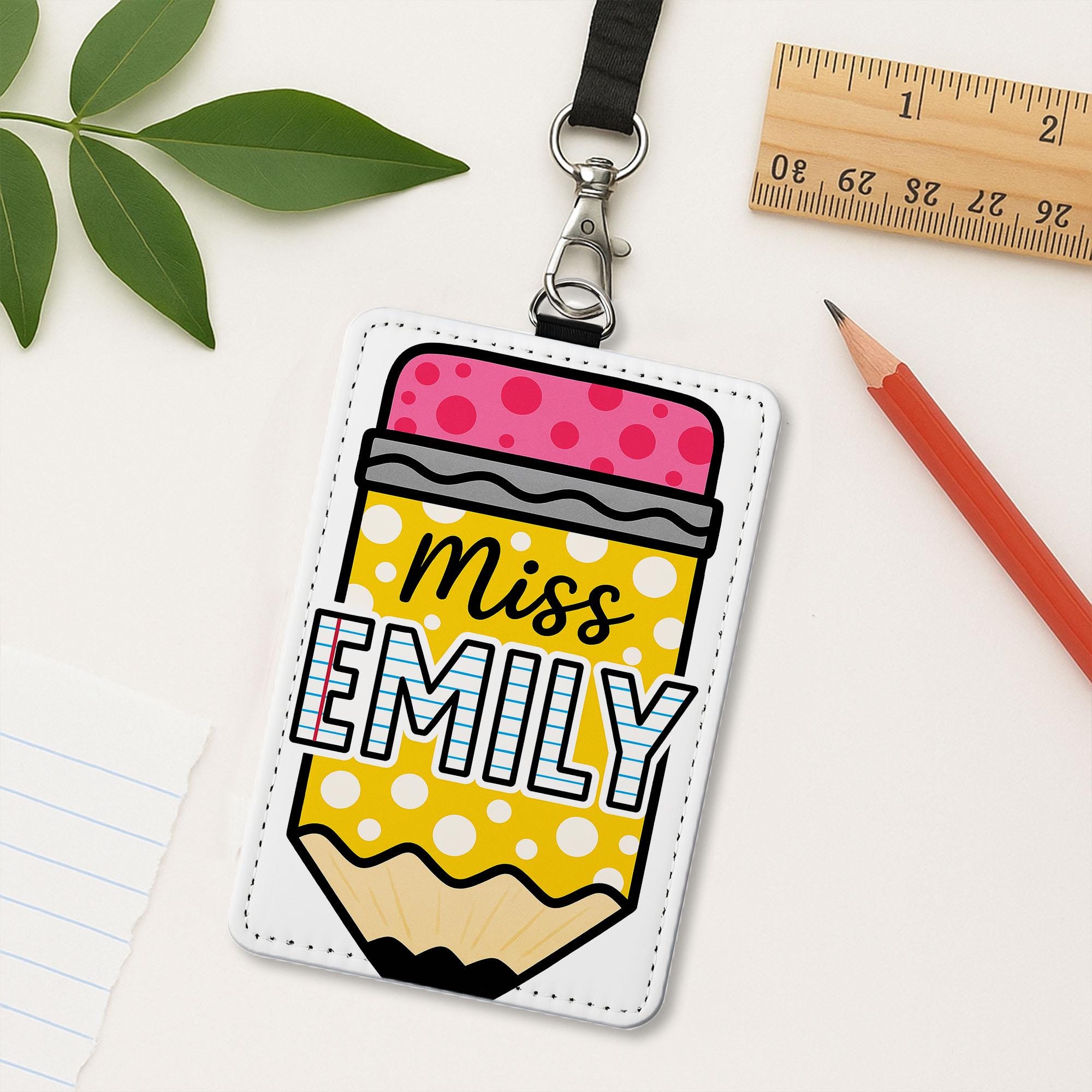Pencil Teacher Badge Holder, Personalized Leather ID Tag, Custom Name Lanyard, Back to School Gift, Cute Classroom Accessory