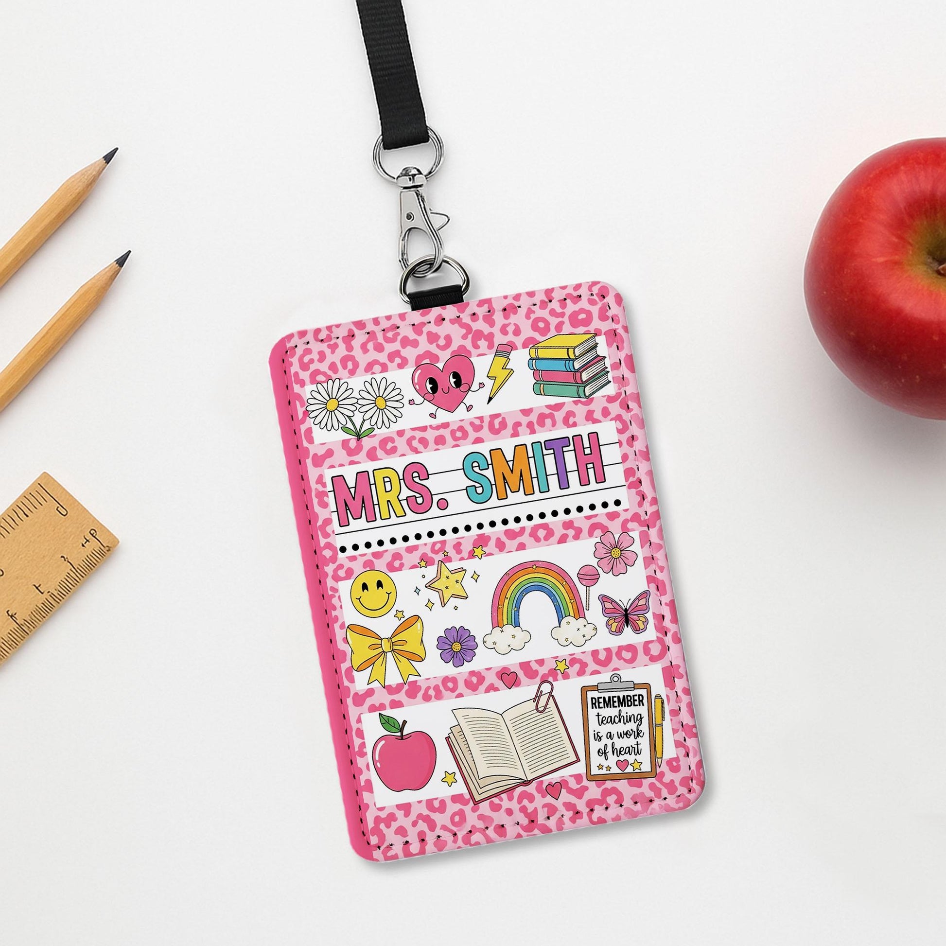 Pink Leopard Teacher Badge Holder, Personalized Leopard Print ID Tag, Cute Classroom Lanyard, Back to School Teacher Gift, Custom Name Tag