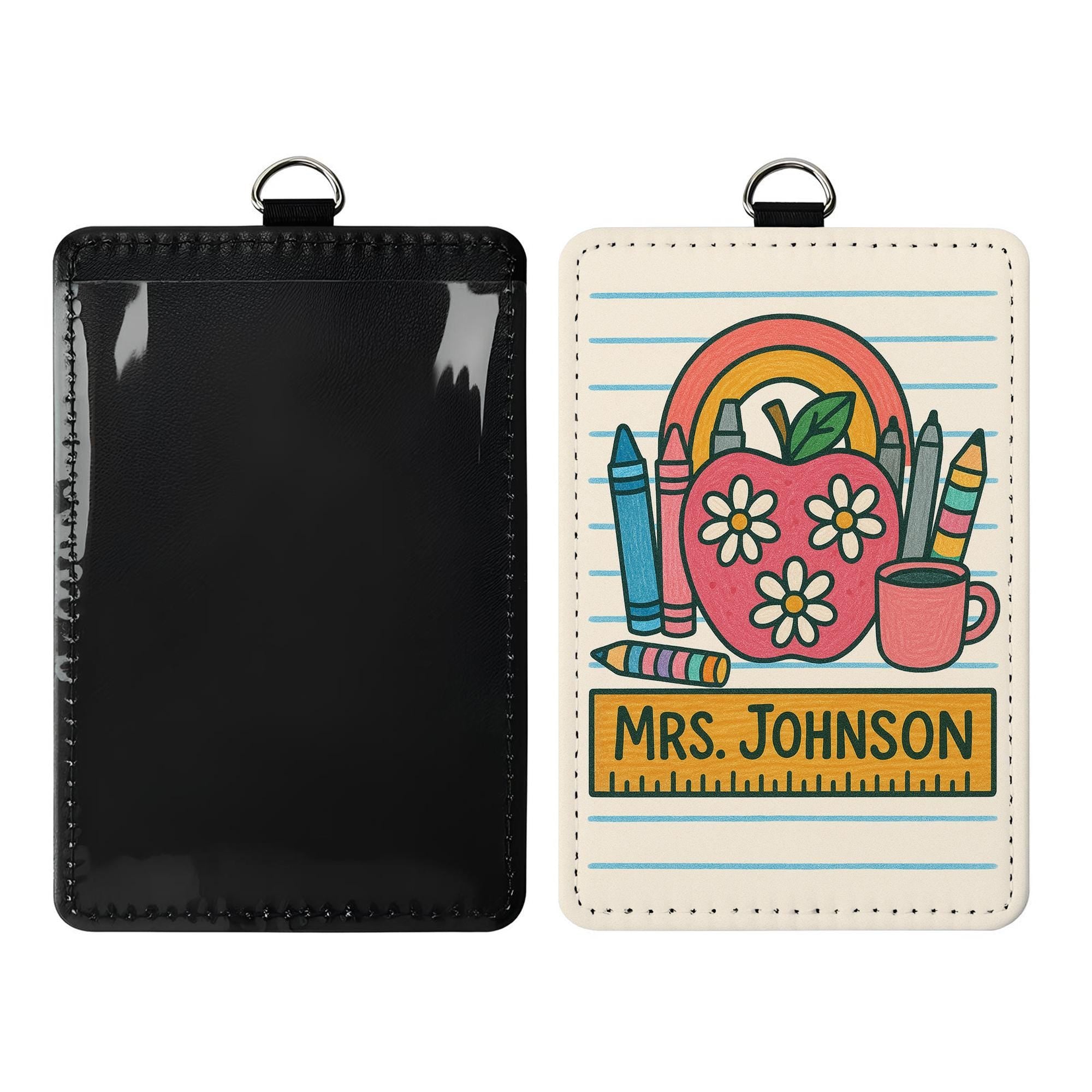 Teacher Badge Holder with Crayons and Apple, Personalized Leather ID Tag, Cute Classroom Lanyard, Back to School Gift for Educators