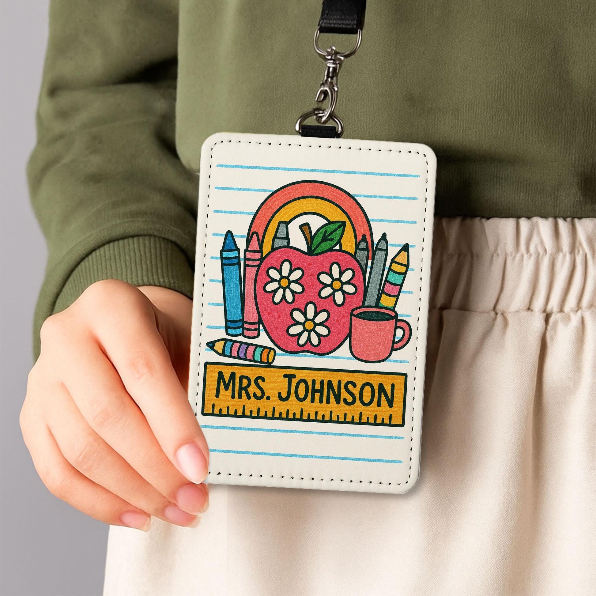 Teacher Badge Holder with Crayons and Apple, Personalized Leather ID Tag, Cute Classroom Lanyard, Back to School Gift for Educators