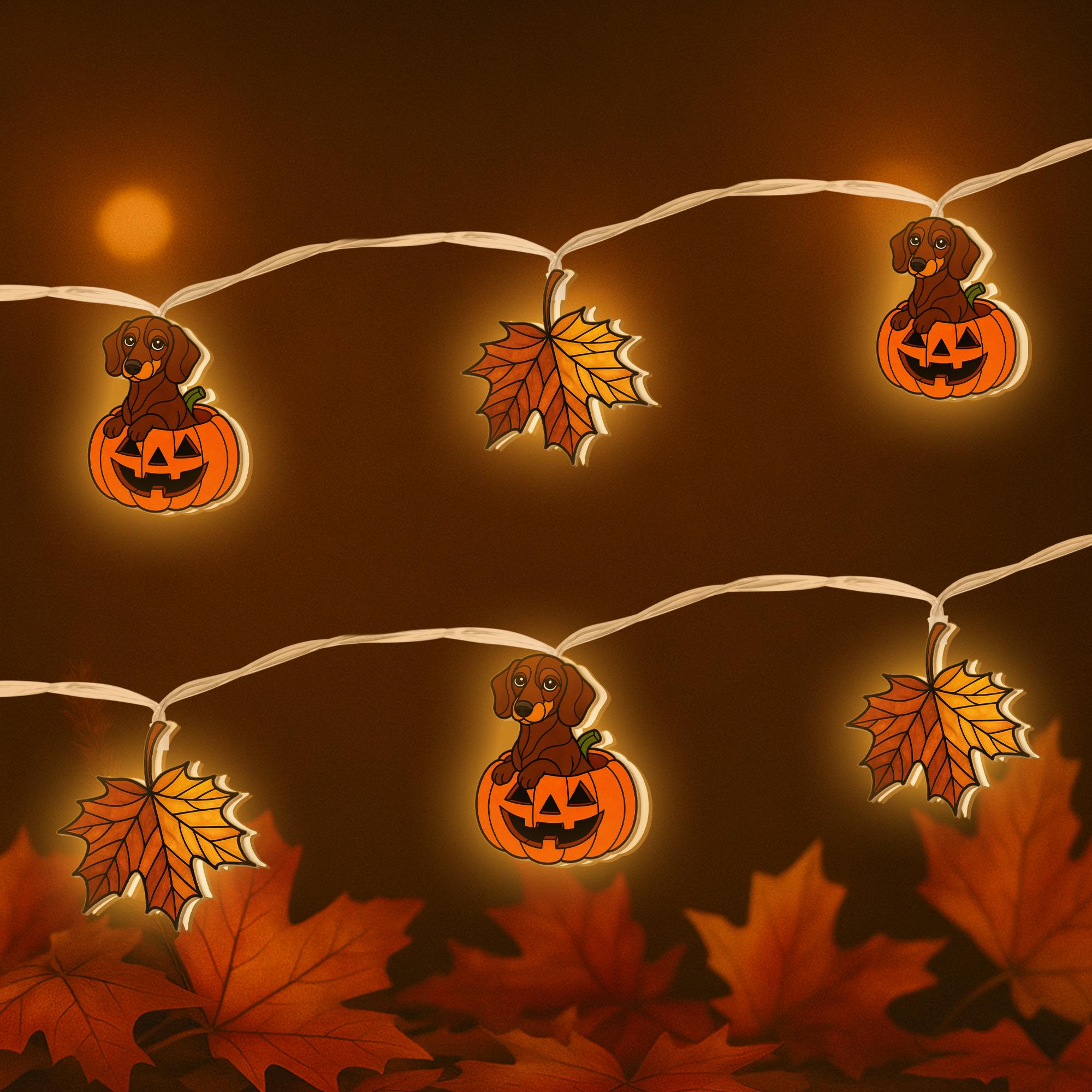 Dachshund Pumpkin String Lights, Fall Dog Halloween LED Garland, Autumn Leaf Fairy Lights, Puppy Jack O'Lantern Decor, Cute Fall Lights