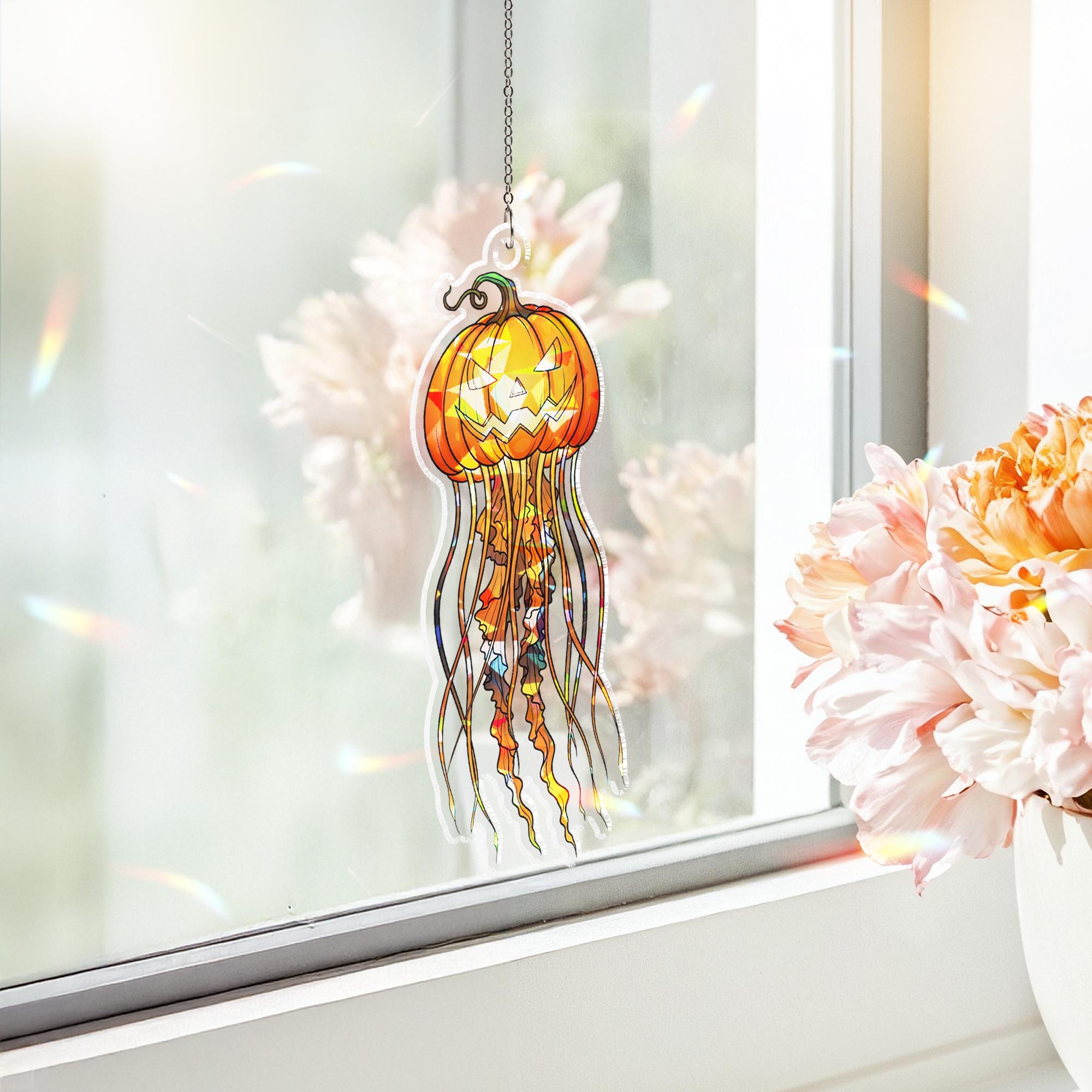 Halloween Pumpkin Jellyfish Suncatcher – Jack-O’-Lantern Window Decor – Spooky Fall Sun Catcher