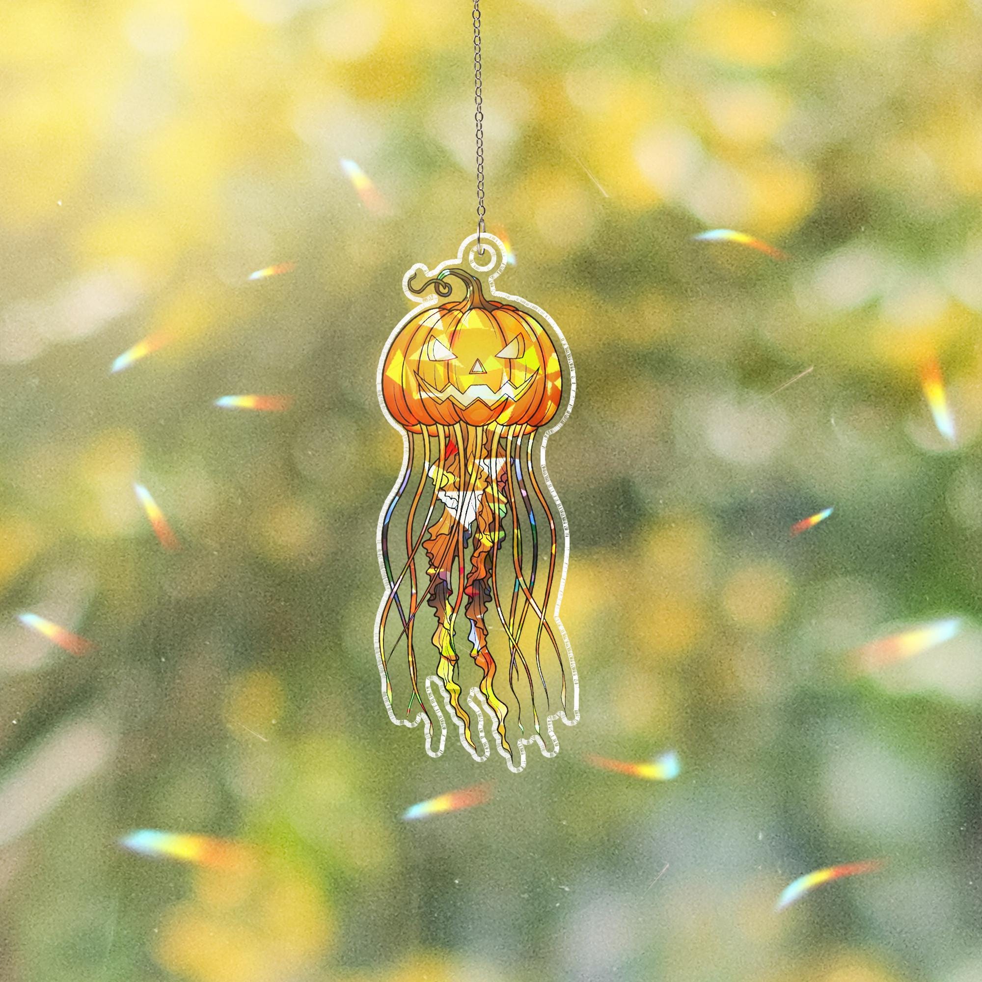 Halloween Pumpkin Jellyfish Suncatcher – Jack-O’-Lantern Window Decor – Spooky Fall Sun Catcher