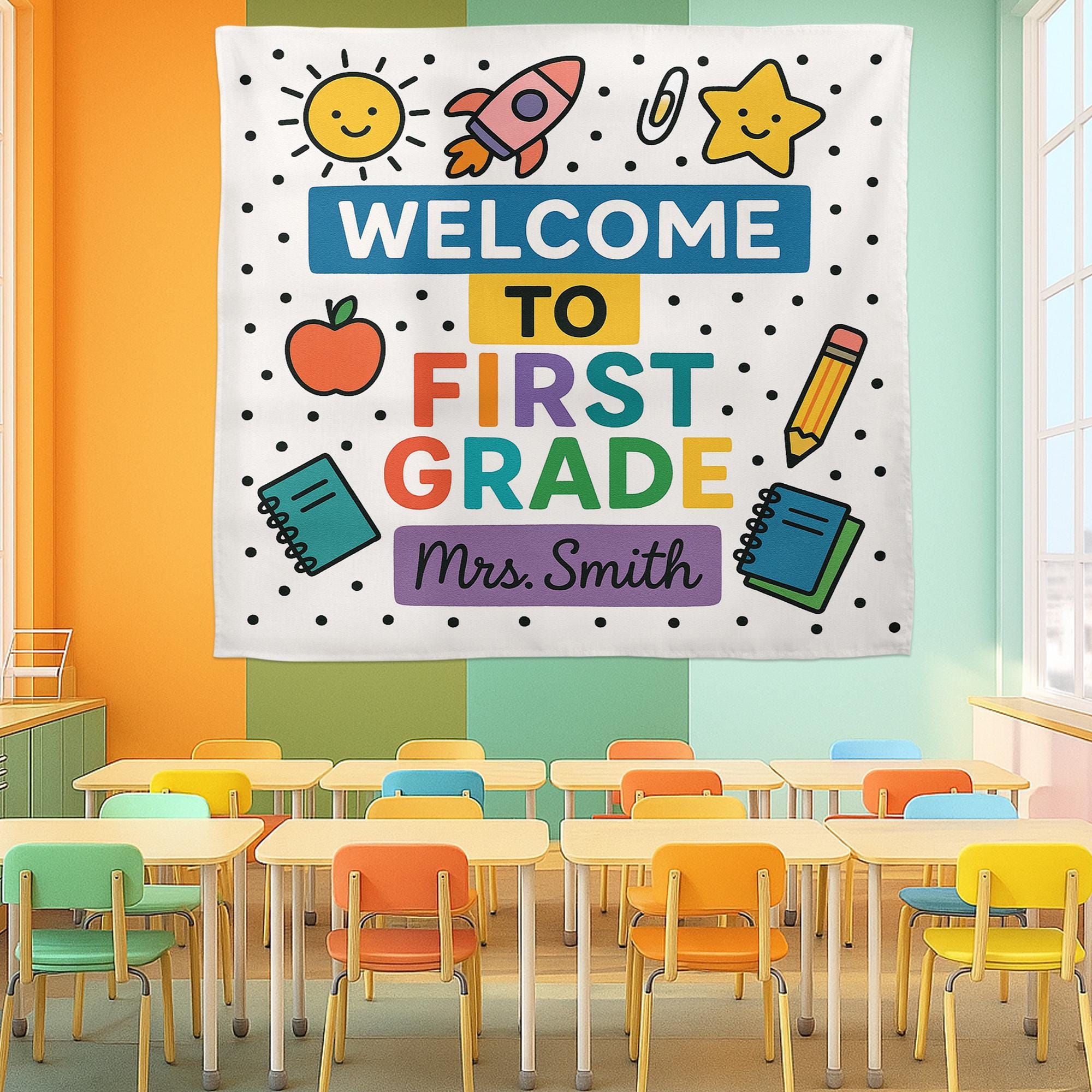 Welcome to First Grade Tapestry, Personalized Classroom Banner, Back to School Wall Decor, Teacher Name Sign, First Grade Decor