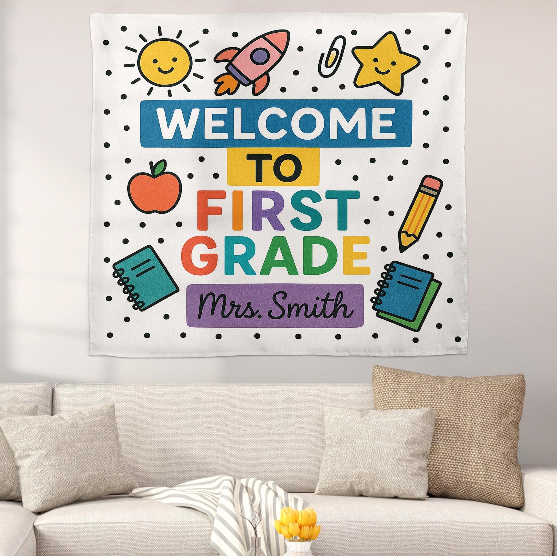 Welcome to First Grade Tapestry, Personalized Classroom Banner, Back to School Wall Decor, Teacher Name Sign, First Grade Decor