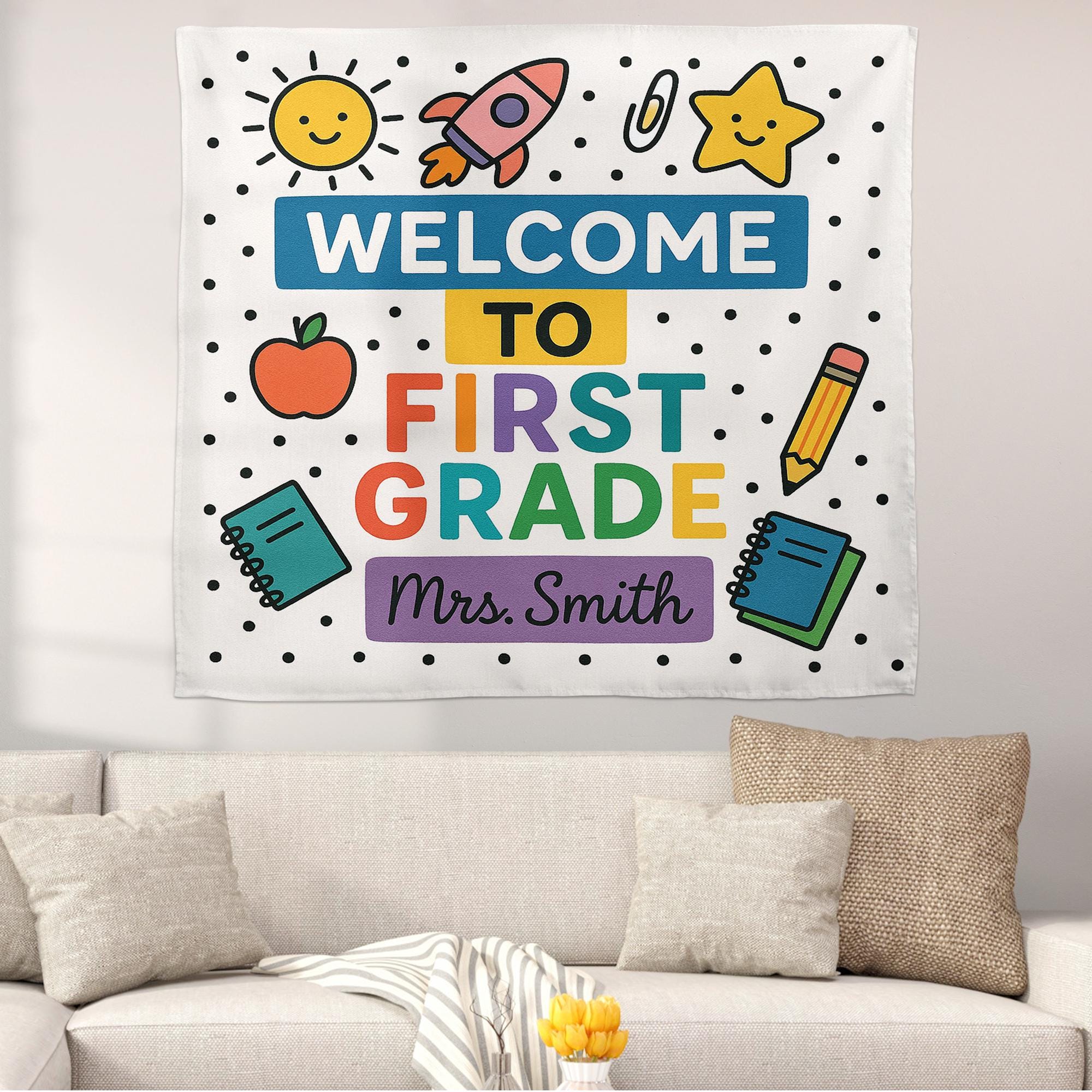 Welcome to First Grade Tapestry, Personalized Classroom Banner, Back to School Wall Decor, Teacher Name Sign, First Grade Decor