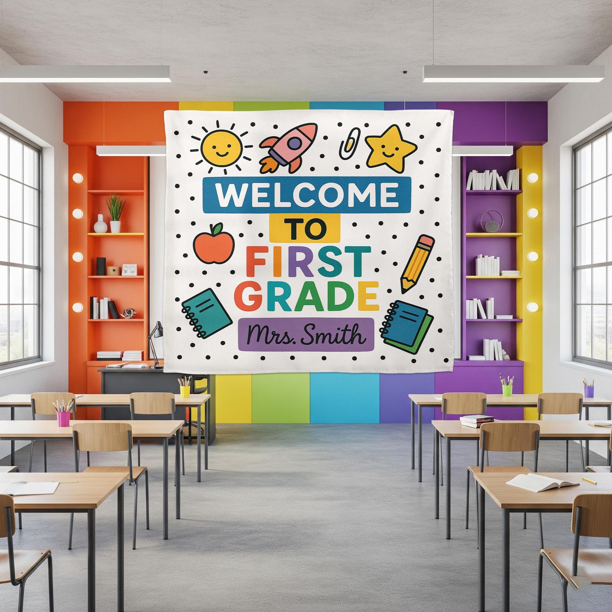 Welcome to First Grade Tapestry, Personalized Classroom Banner, Back to School Wall Decor, Teacher Name Sign, First Grade Decor