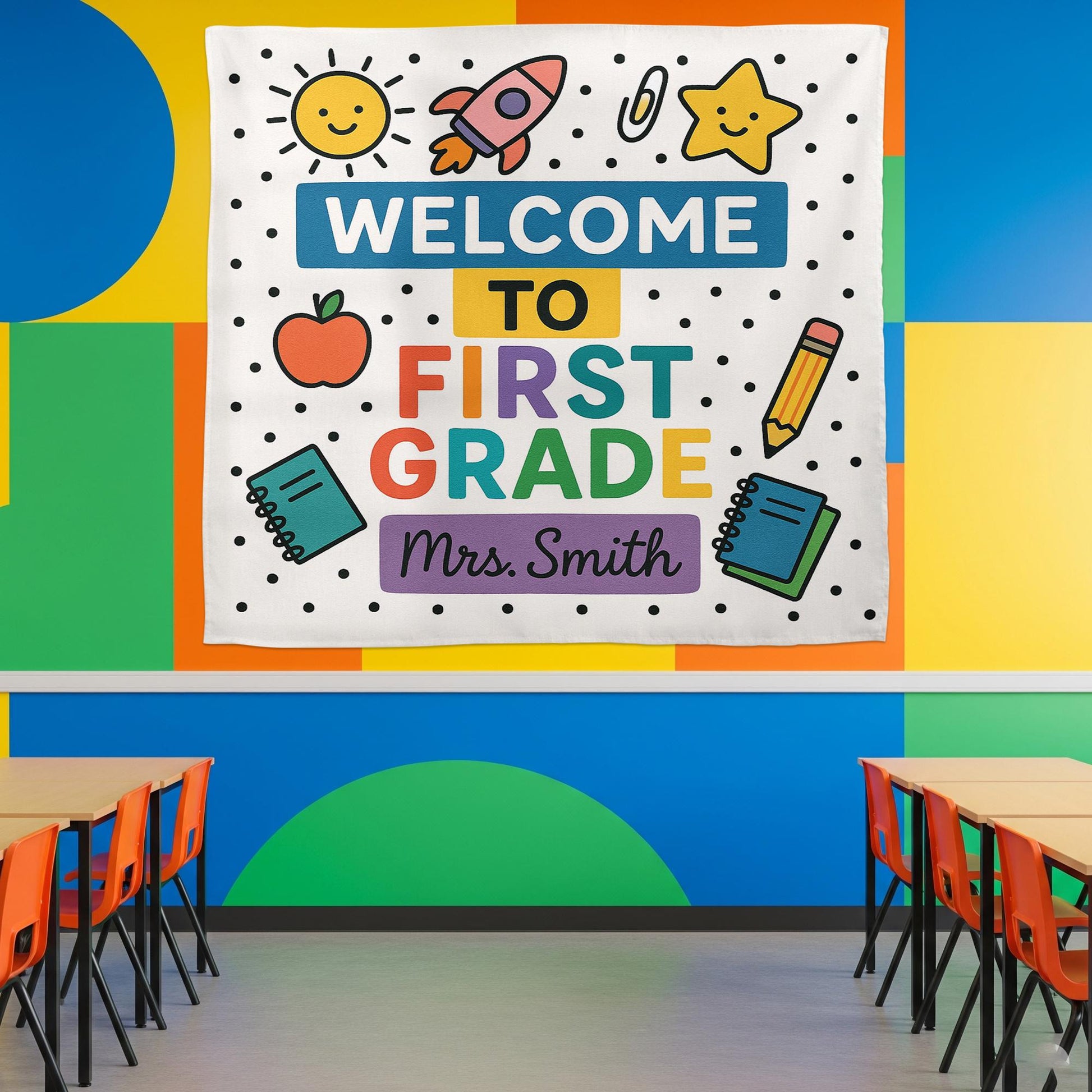 Welcome to First Grade Tapestry, Personalized Classroom Banner, Back to School Wall Decor, Teacher Name Sign, First Grade Decor