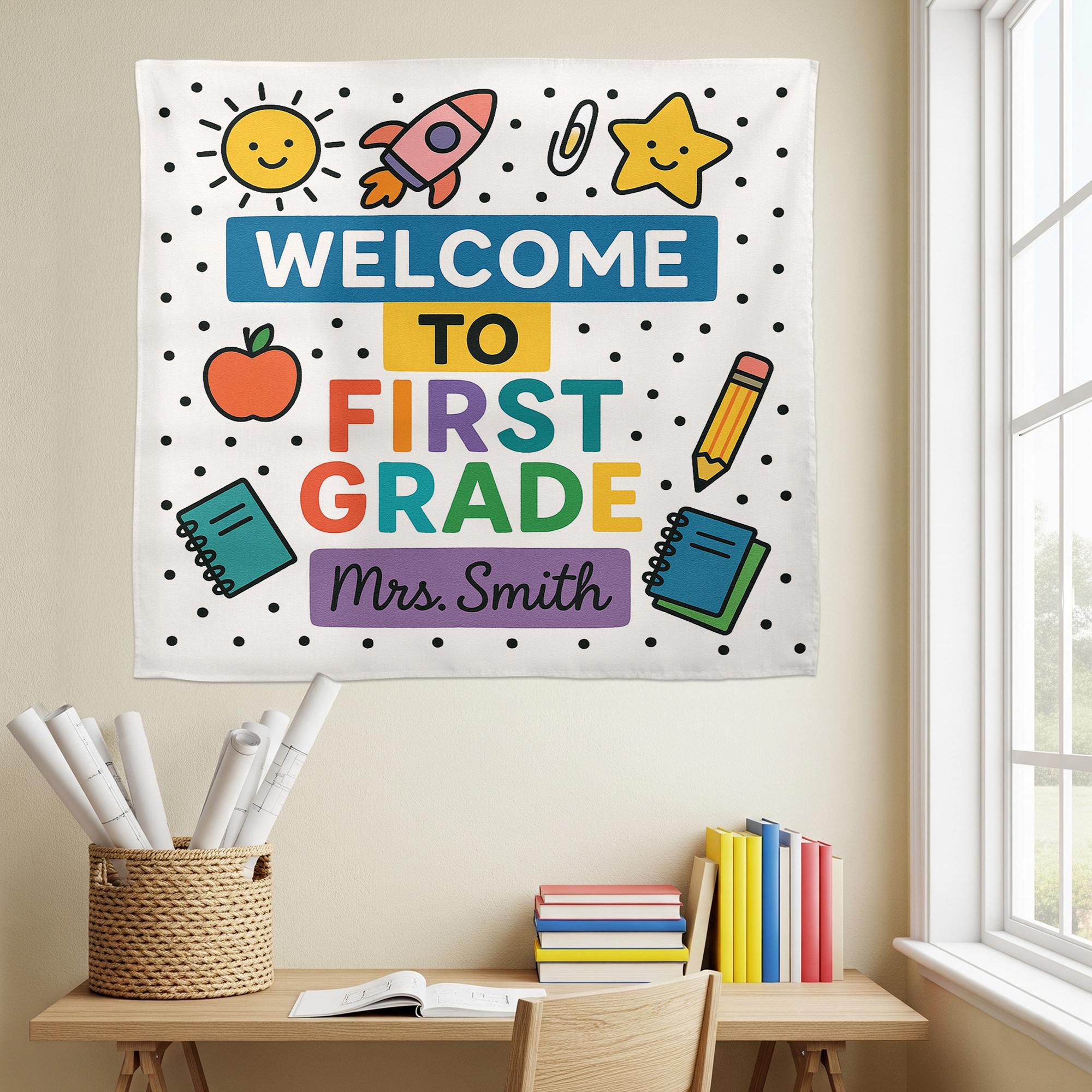 Welcome to First Grade Tapestry, Personalized Classroom Banner, Back to School Wall Decor, Teacher Name Sign, First Grade Decor