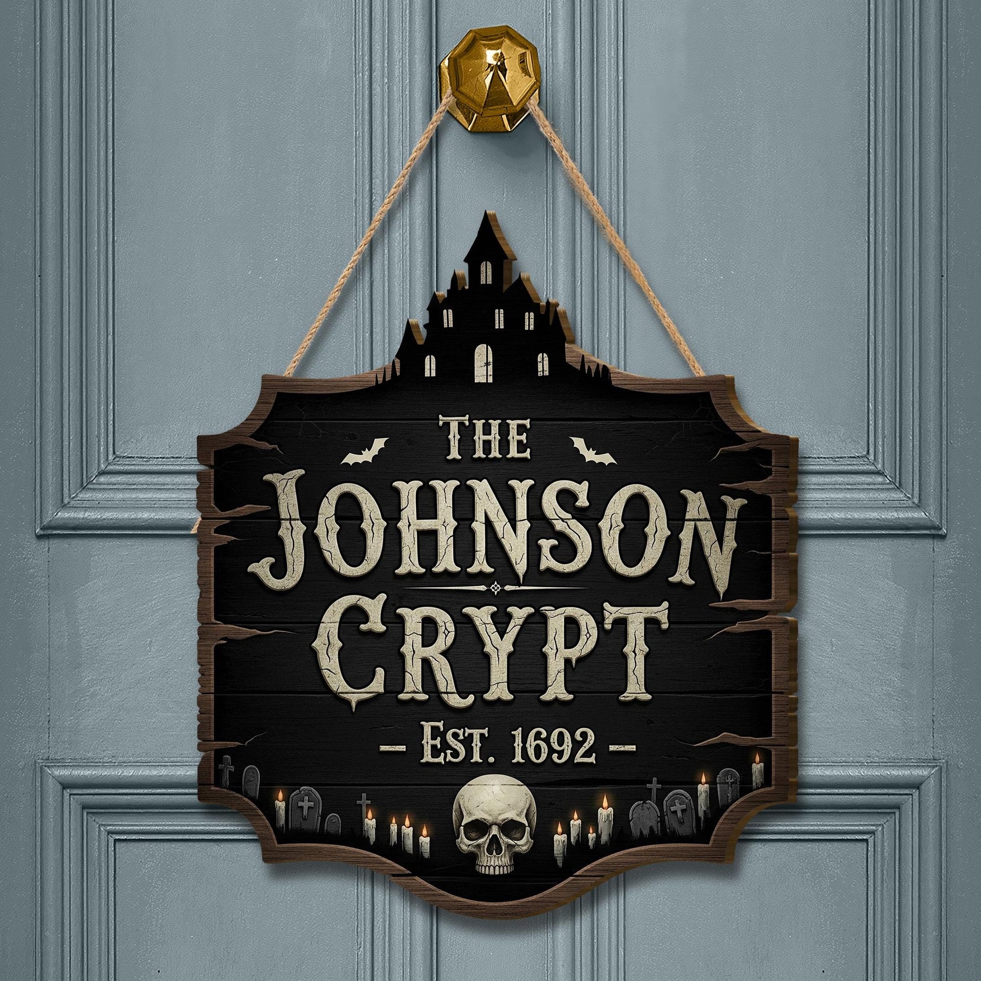 Custom Halloween Crypt Sign – Gothic Haunted House Door Decor – Personalized Spooky Plaque
