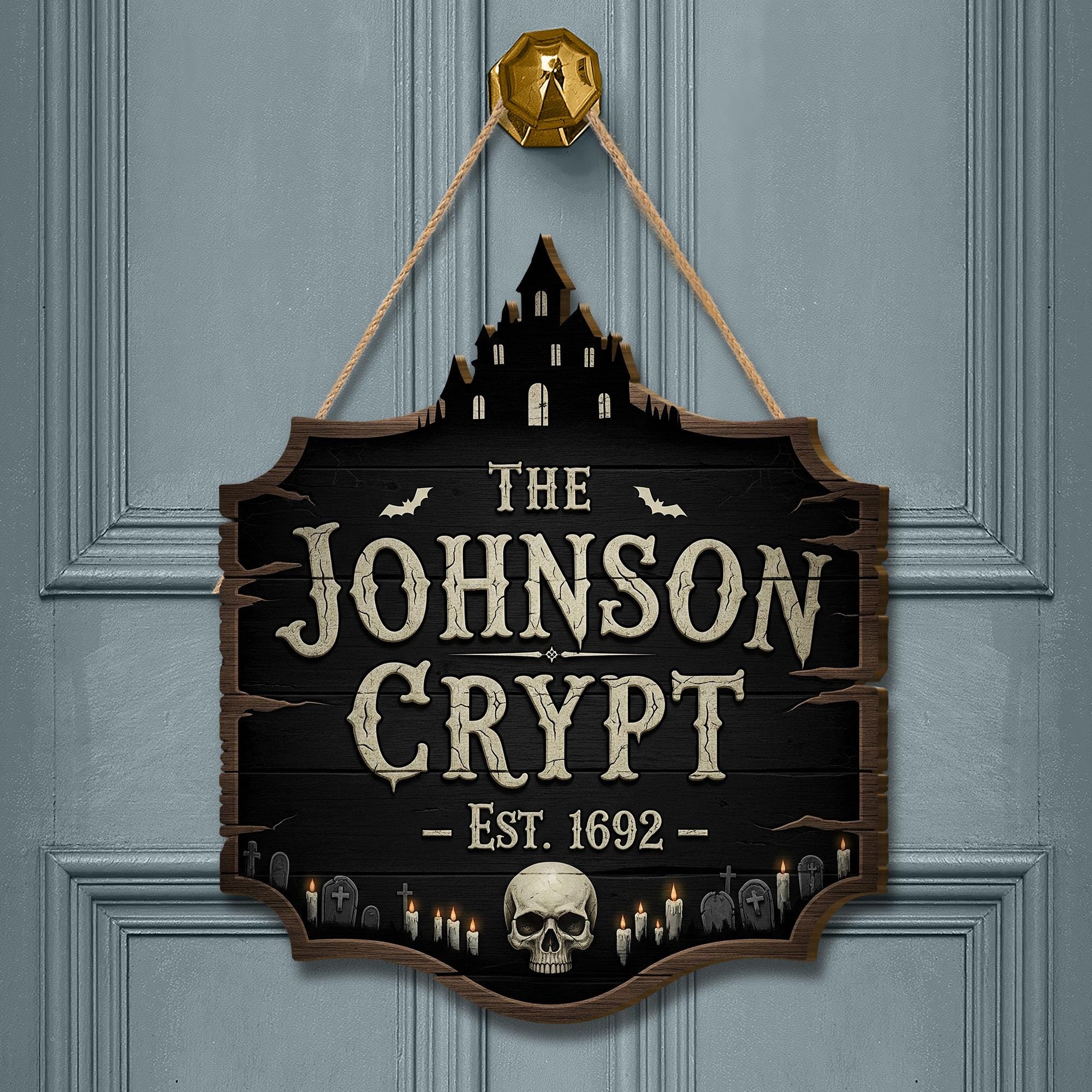 Custom Halloween Crypt Sign – Gothic Haunted House Door Decor – Personalized Spooky Plaque