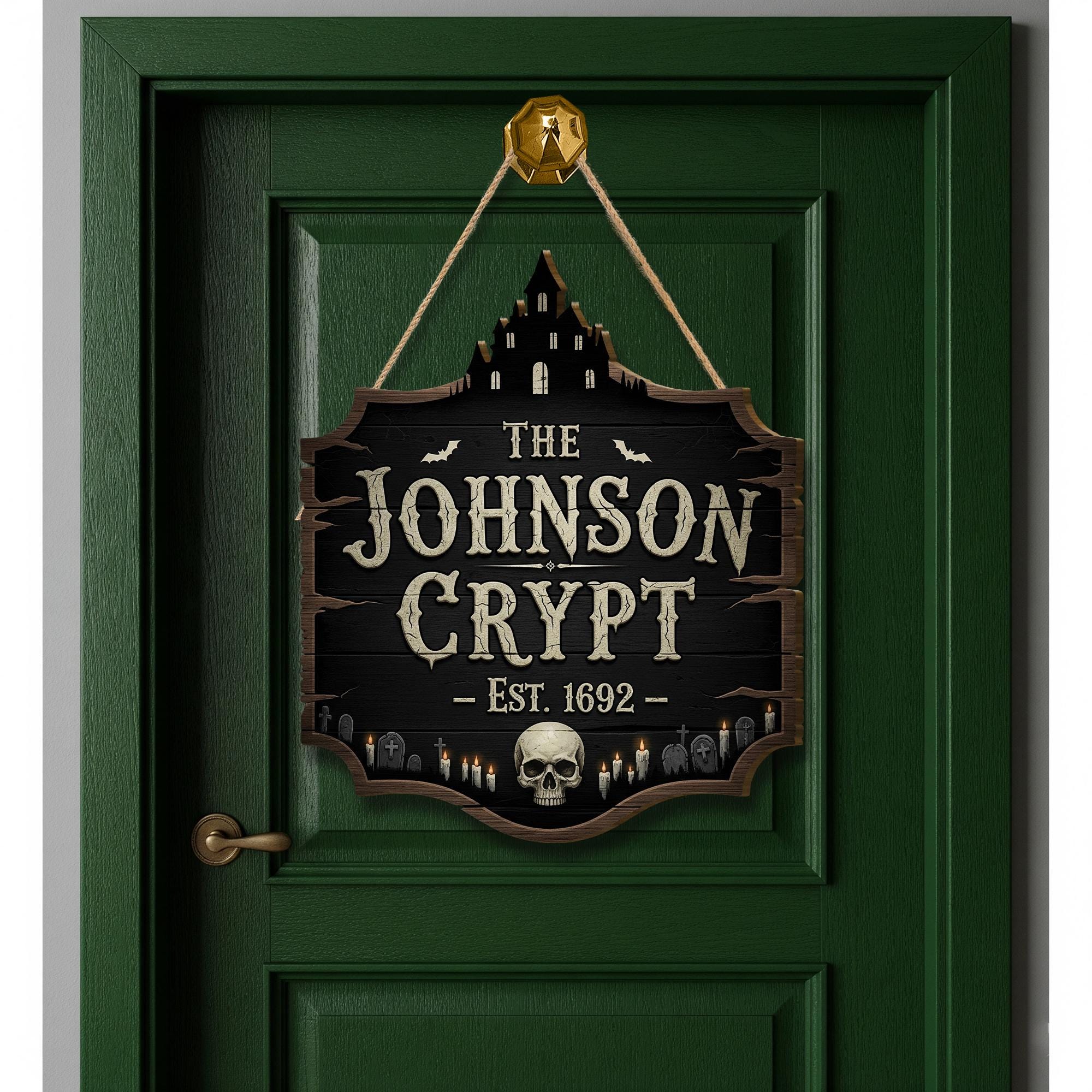 Custom Halloween Crypt Sign – Gothic Haunted House Door Decor – Personalized Spooky Plaque