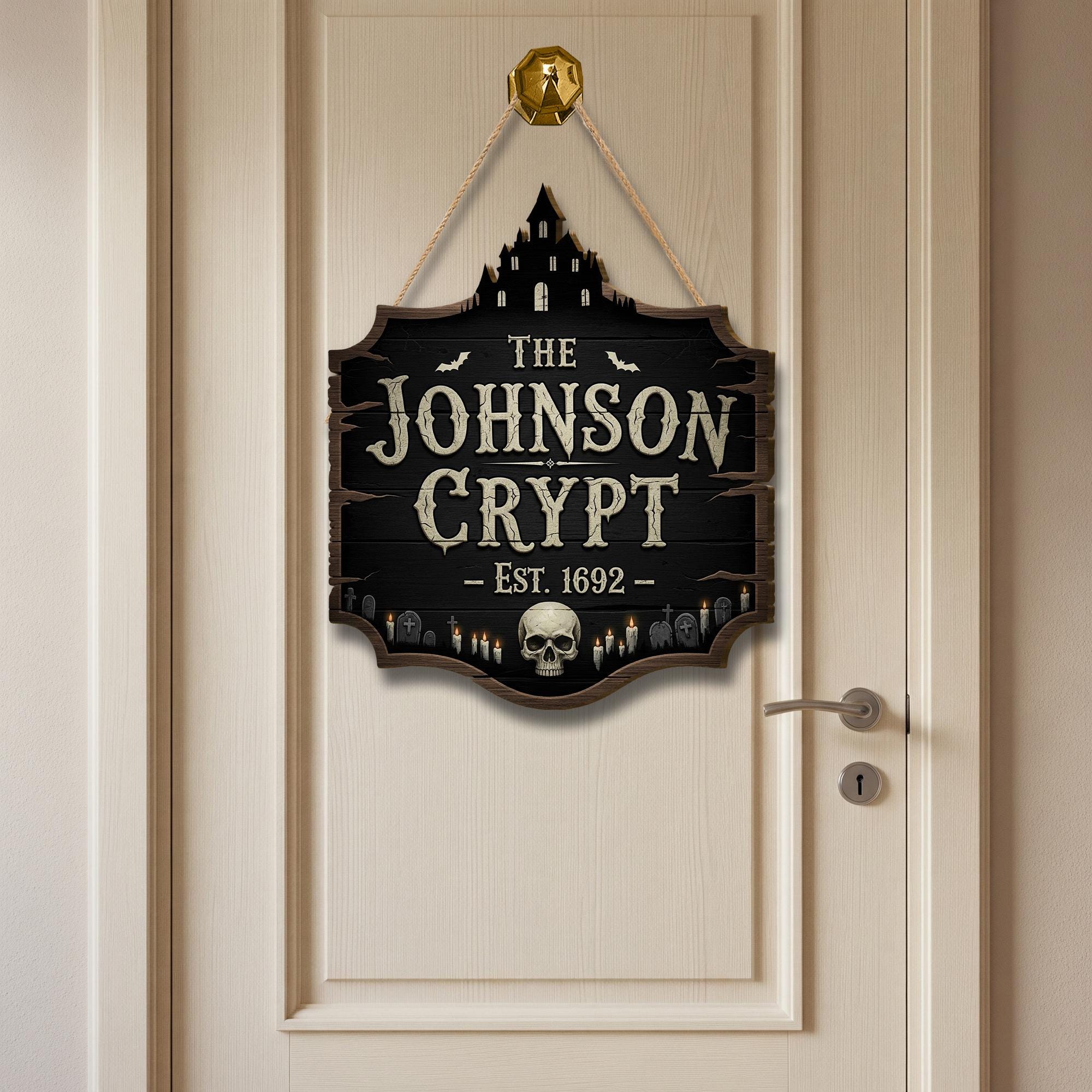Custom Halloween Crypt Sign – Gothic Haunted House Door Decor – Personalized Spooky Plaque