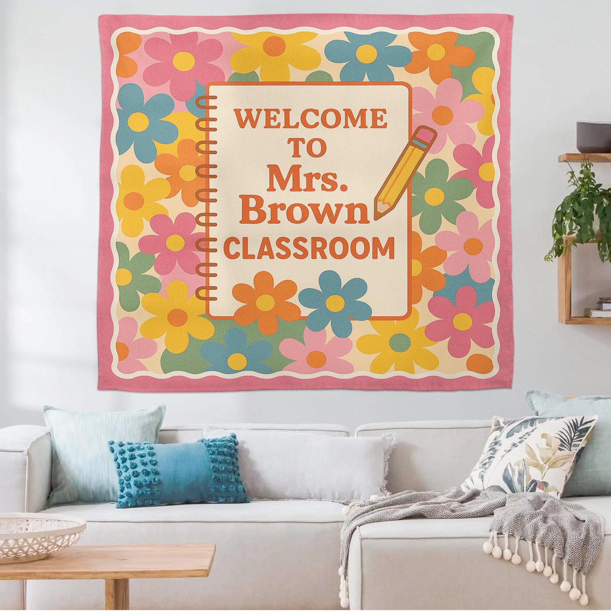 Welcome to Classroom Tapestry, Personalized Teacher Wall Banner, Floral Classroom Decor, Back to School Sign, Custom Name Poster