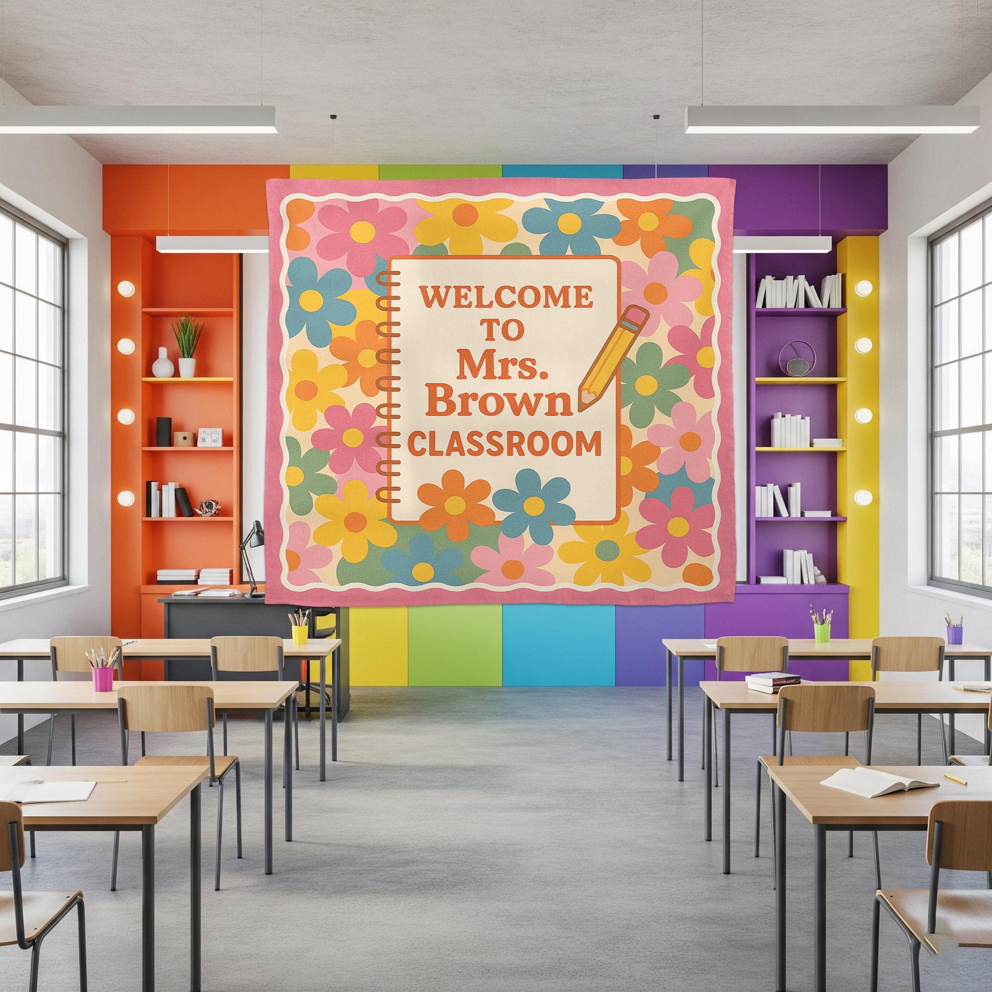 Welcome to Classroom Tapestry, Personalized Teacher Wall Banner, Floral Classroom Decor, Back to School Sign, Custom Name Poster