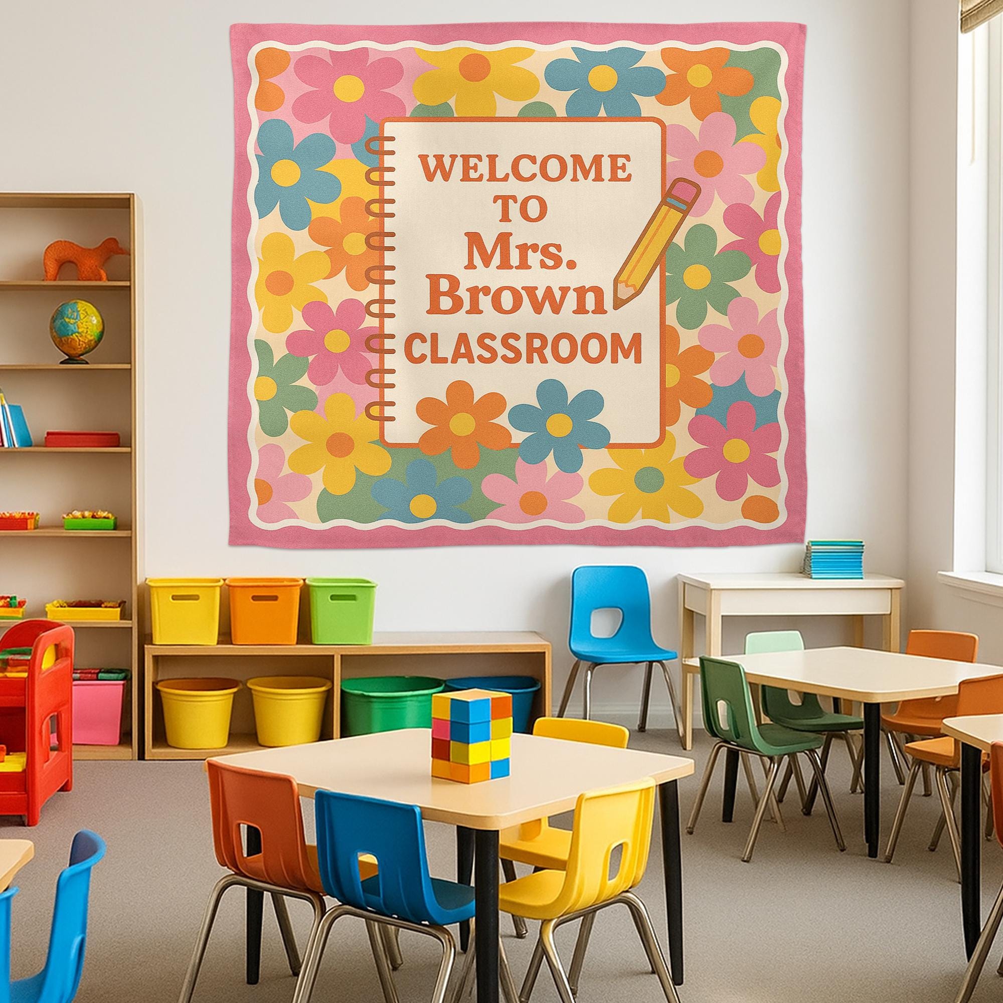 Welcome to Classroom Tapestry, Personalized Teacher Wall Banner, Floral Classroom Decor, Back to School Sign, Custom Name Poster