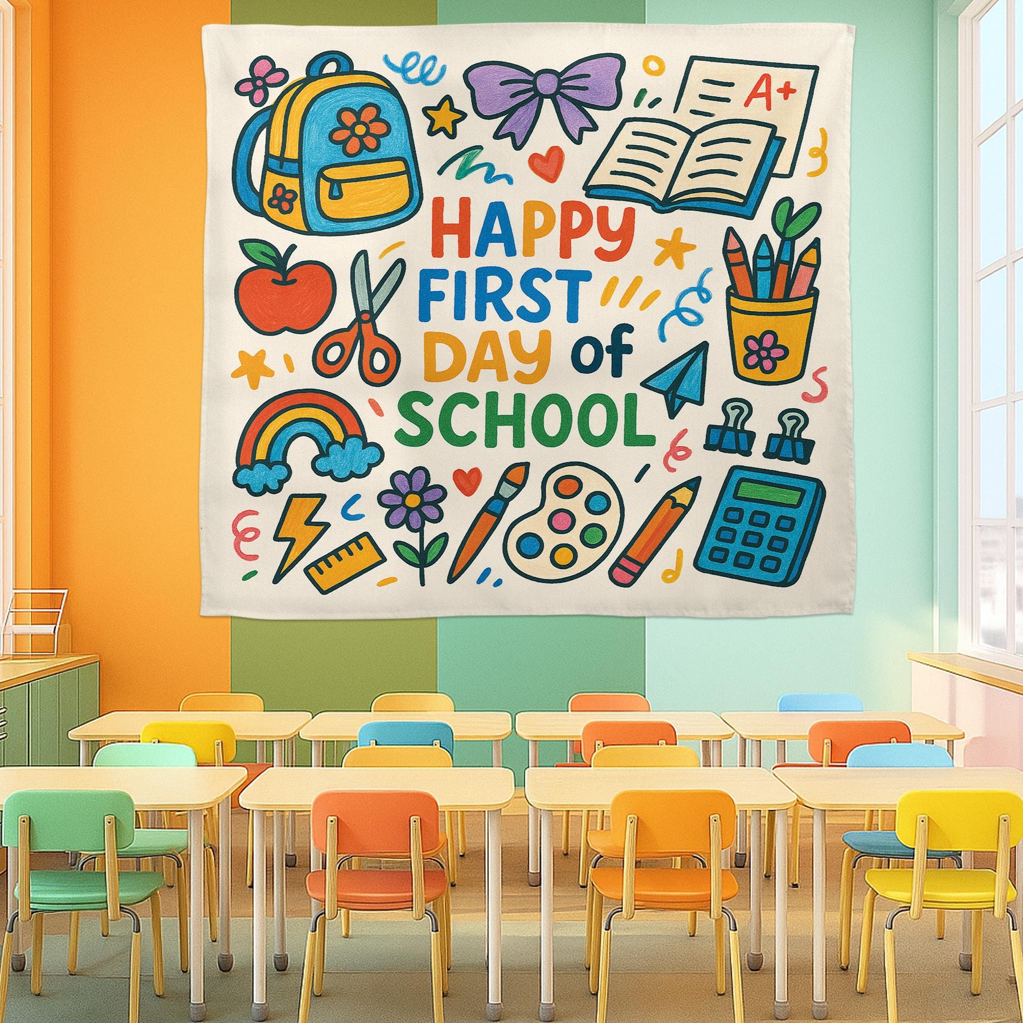 Happy First Day of School Tapestry, Back to School Classroom Banner, Colorful Teacher Wall Decor, Classroom Welcome Sign