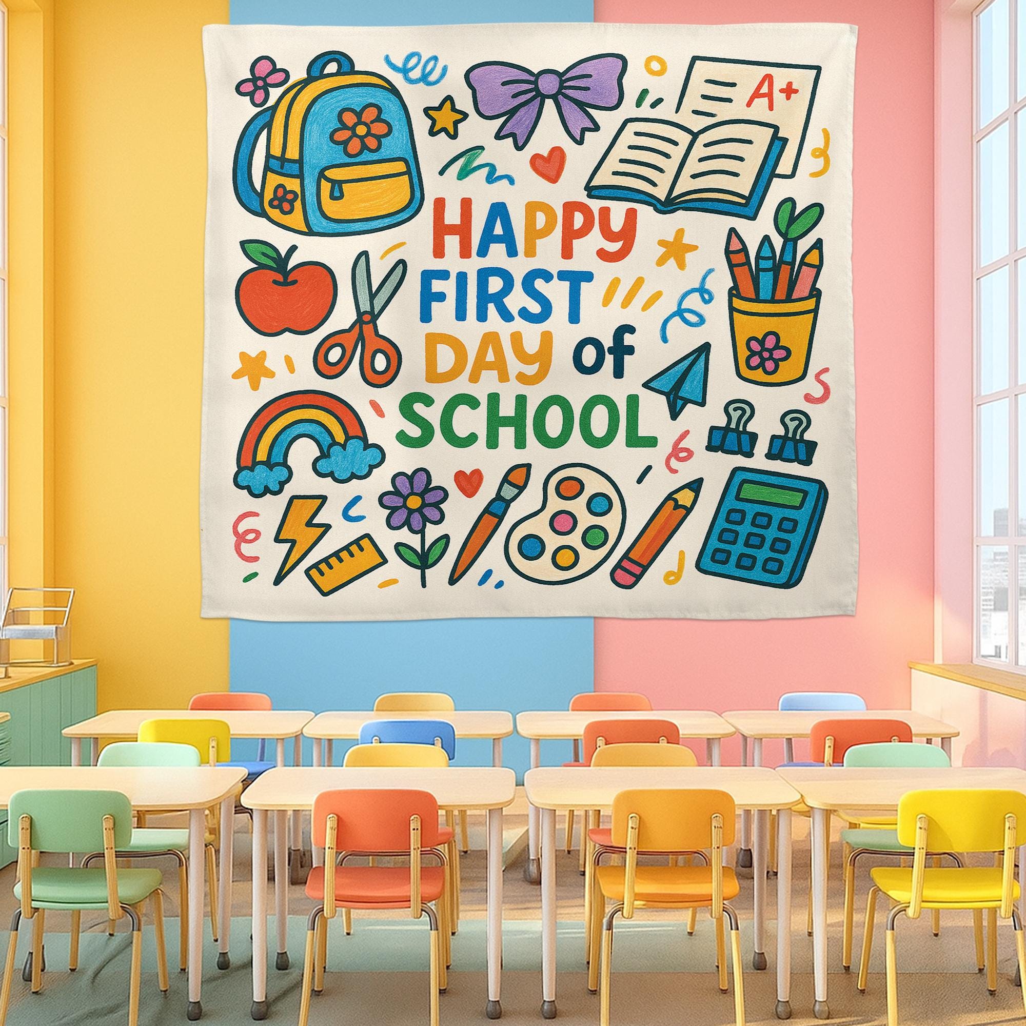 Happy First Day of School Tapestry, Back to School Classroom Banner, Colorful Teacher Wall Decor, Classroom Welcome Sign