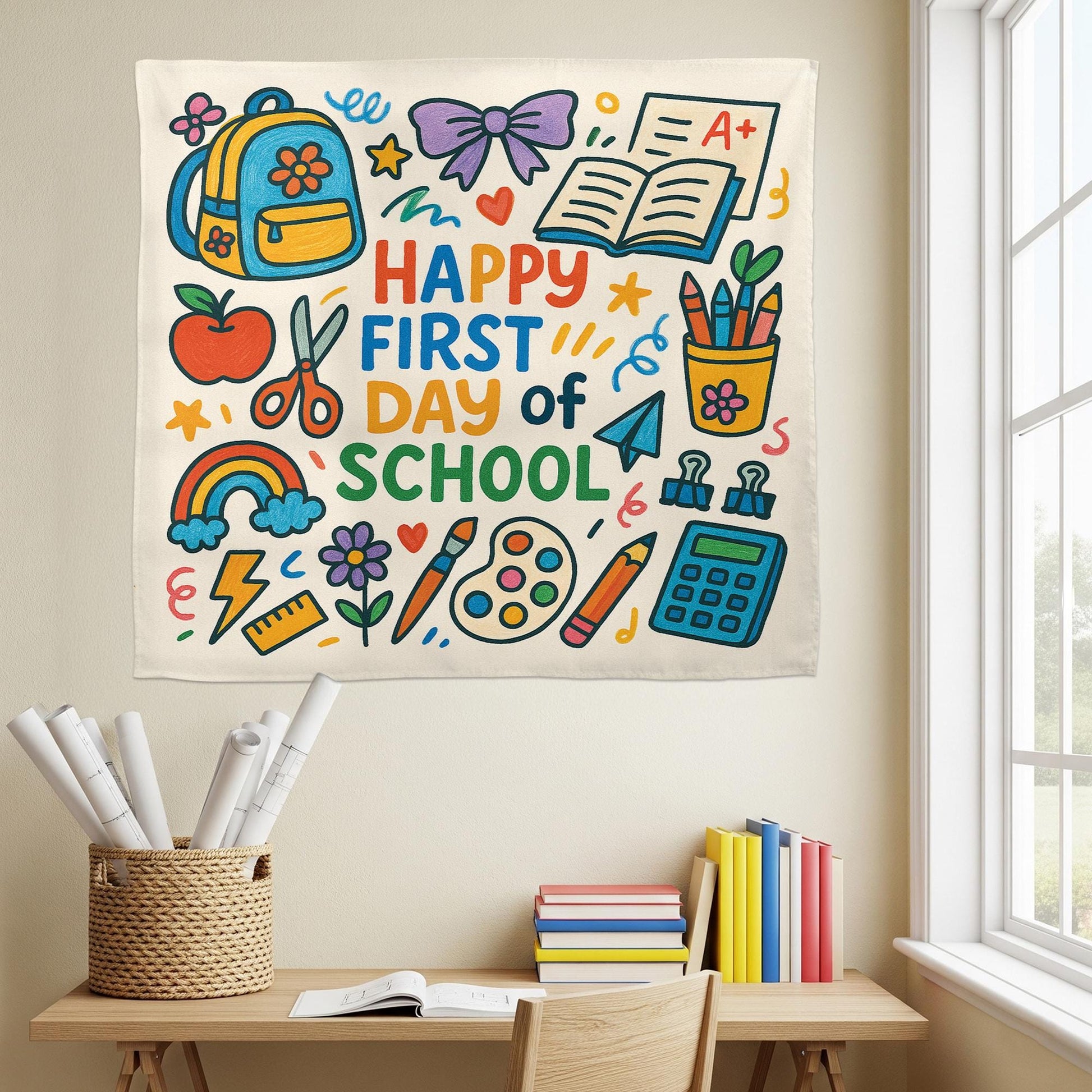 Happy First Day of School Tapestry, Back to School Classroom Banner, Colorful Teacher Wall Decor, Classroom Welcome Sign