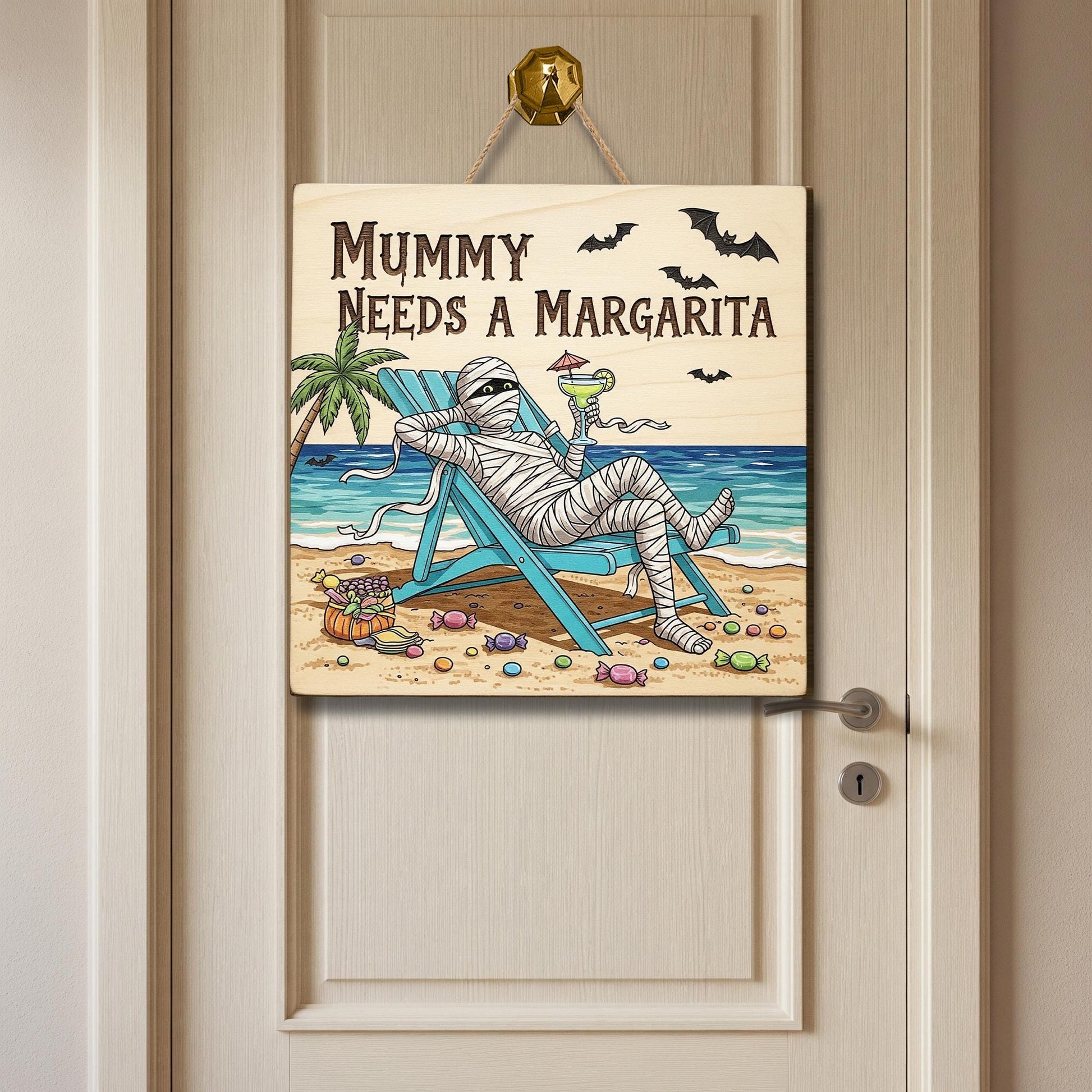 Mummy Needs a Margarita Sign – Funny Halloween Beach Decor – Summerween Wood Door Sign