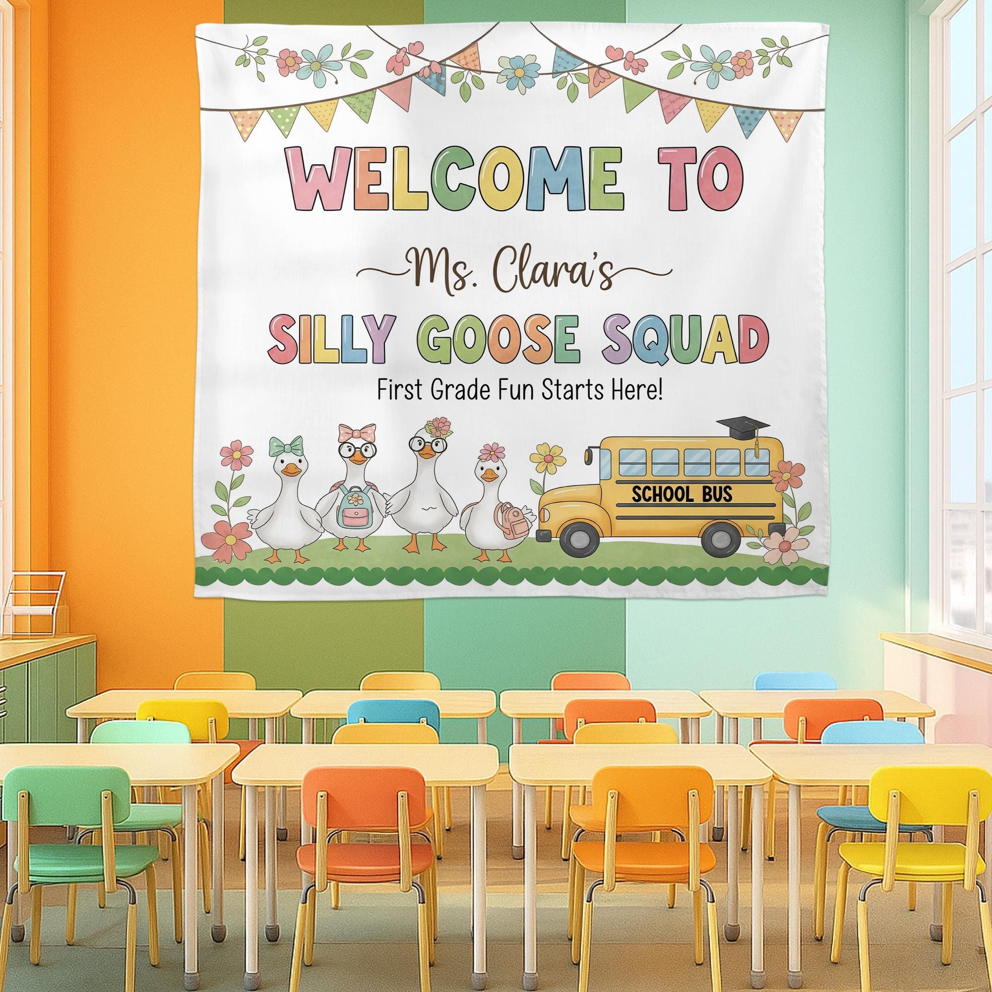 Silly Goose Squad Classroom Tapestry, Custom Teacher Backdrop for First Grade, Funny Welcome Sign, Personalized Classroom Decor, Goose Decor