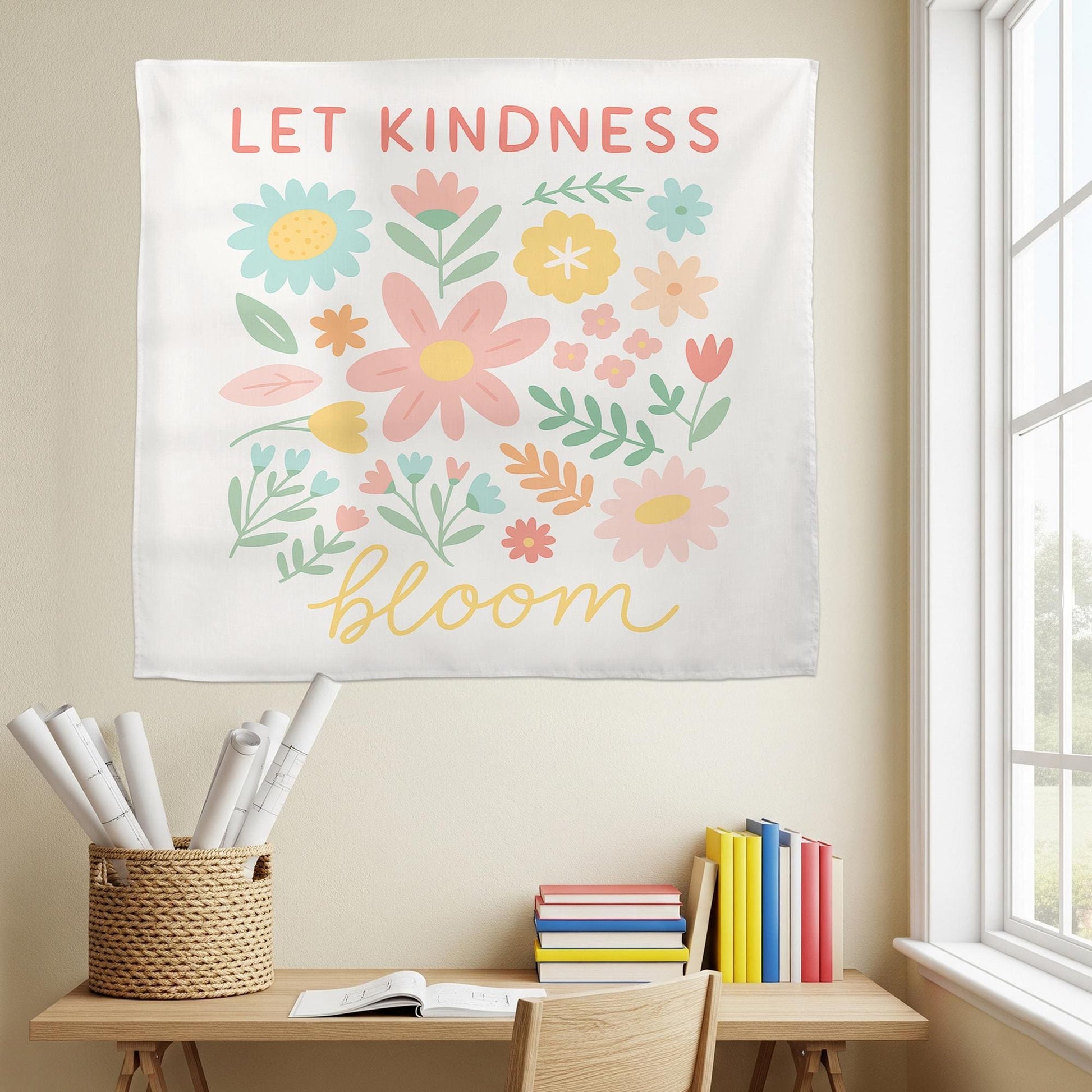 Let Kindness Bloom Classroom Tapestry, Floral Wall Decor for Teachers, Positive Quote Backdrop, Kindergarten or Back To School Wall Art