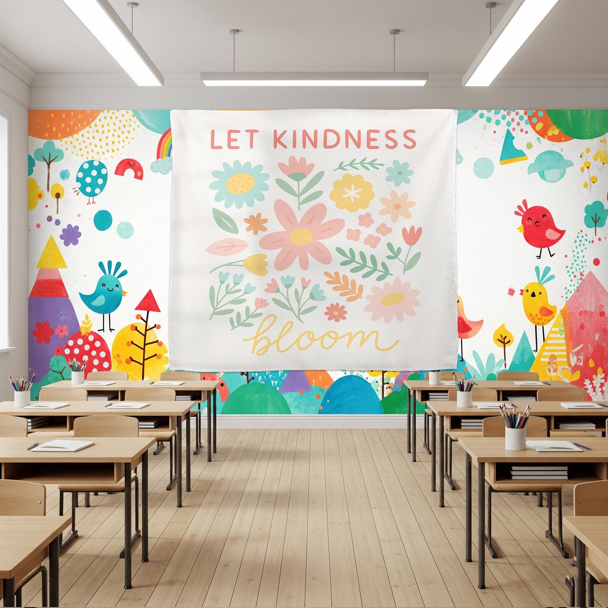 Let Kindness Bloom Classroom Tapestry, Floral Wall Decor for Teachers, Positive Quote Backdrop, Kindergarten or Back To School Wall Art