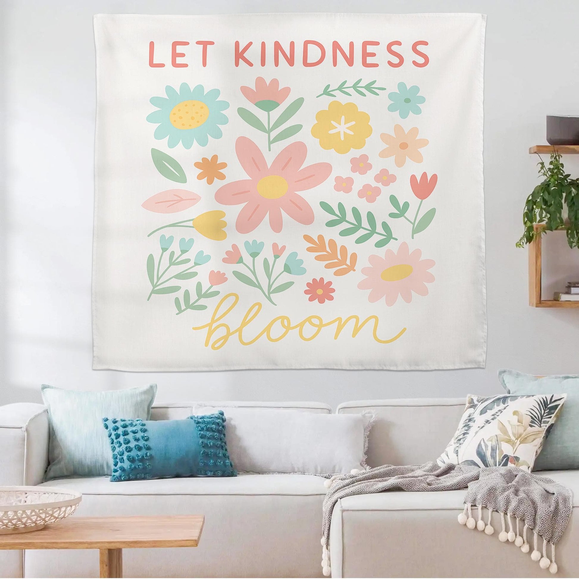 Let Kindness Bloom Classroom Tapestry, Floral Wall Decor for Teachers, Positive Quote Backdrop, Kindergarten or Back To School Wall Art