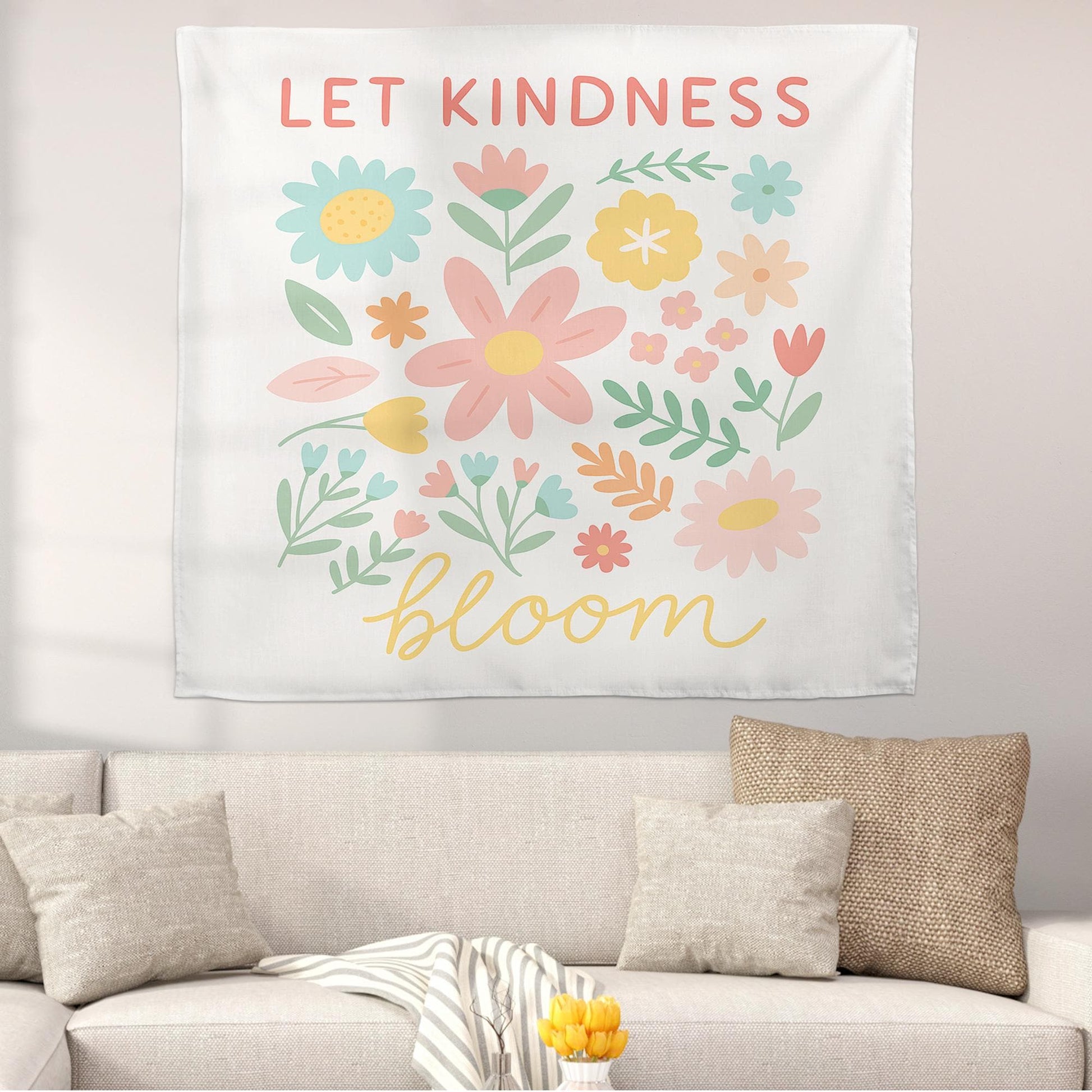Let Kindness Bloom Classroom Tapestry, Floral Wall Decor for Teachers, Positive Quote Backdrop, Kindergarten or Back To School Wall Art