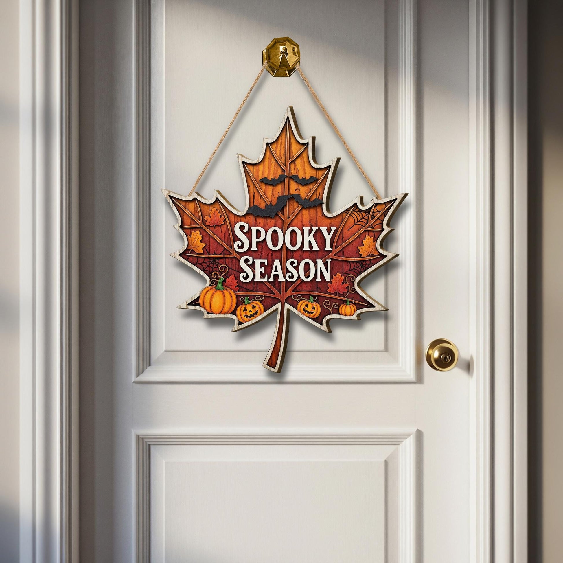Spooky Season Maple Leaf Door Sign | Fall Halloween Wall Decor with Pumpkins and Bats | Autumn Front Door Hanging Sign