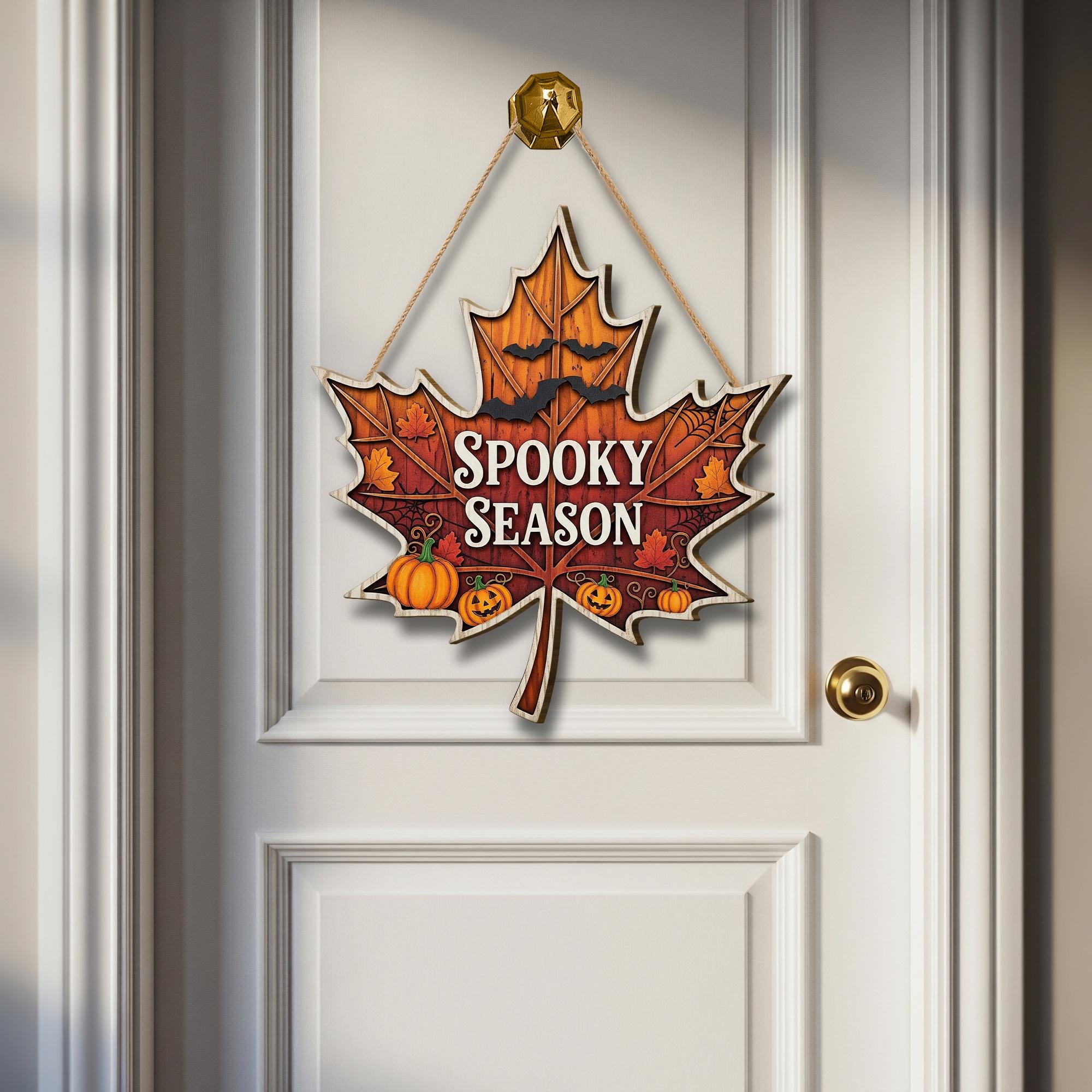 Spooky Season Maple Leaf Door Sign | Fall Halloween Wall Decor with Pumpkins and Bats | Autumn Front Door Hanging Sign