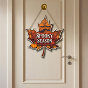 Spooky Season Maple Leaf Door Sign | Fall Halloween Wall Decor with Pumpkins and Bats | Autumn Front Door Hanging Sign