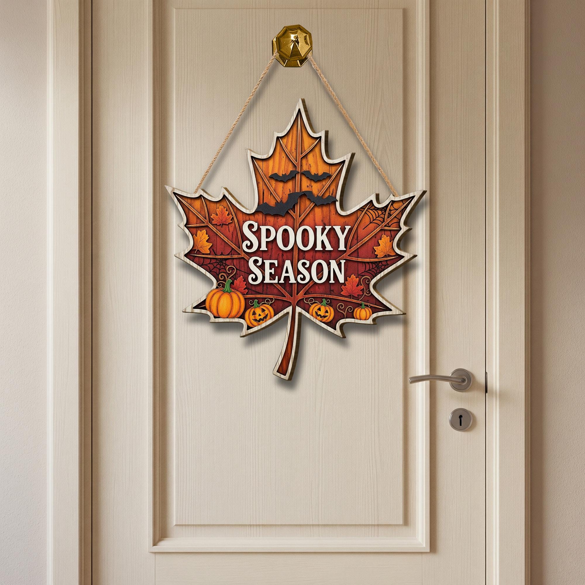 Spooky Season Maple Leaf Door Sign | Fall Halloween Wall Decor with Pumpkins and Bats | Autumn Front Door Hanging Sign