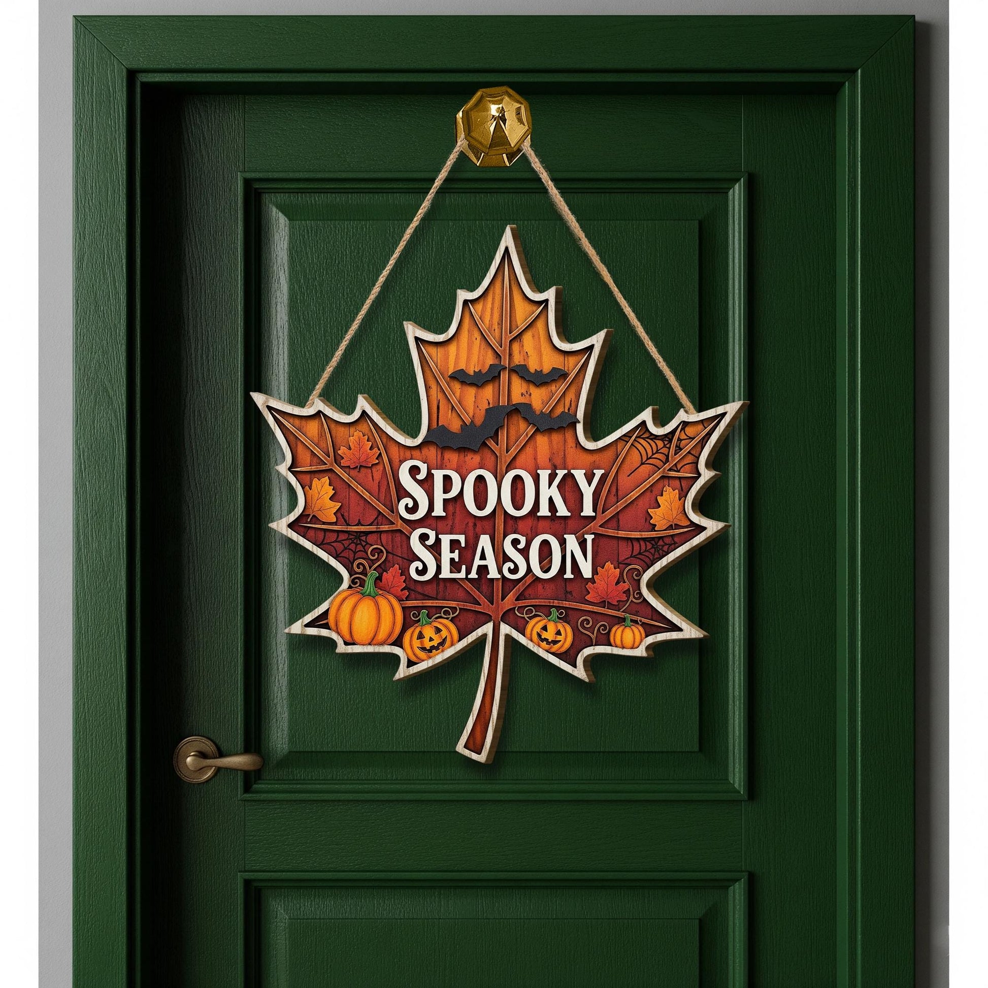 Spooky Season Maple Leaf Door Sign | Fall Halloween Wall Decor with Pumpkins and Bats | Autumn Front Door Hanging Sign