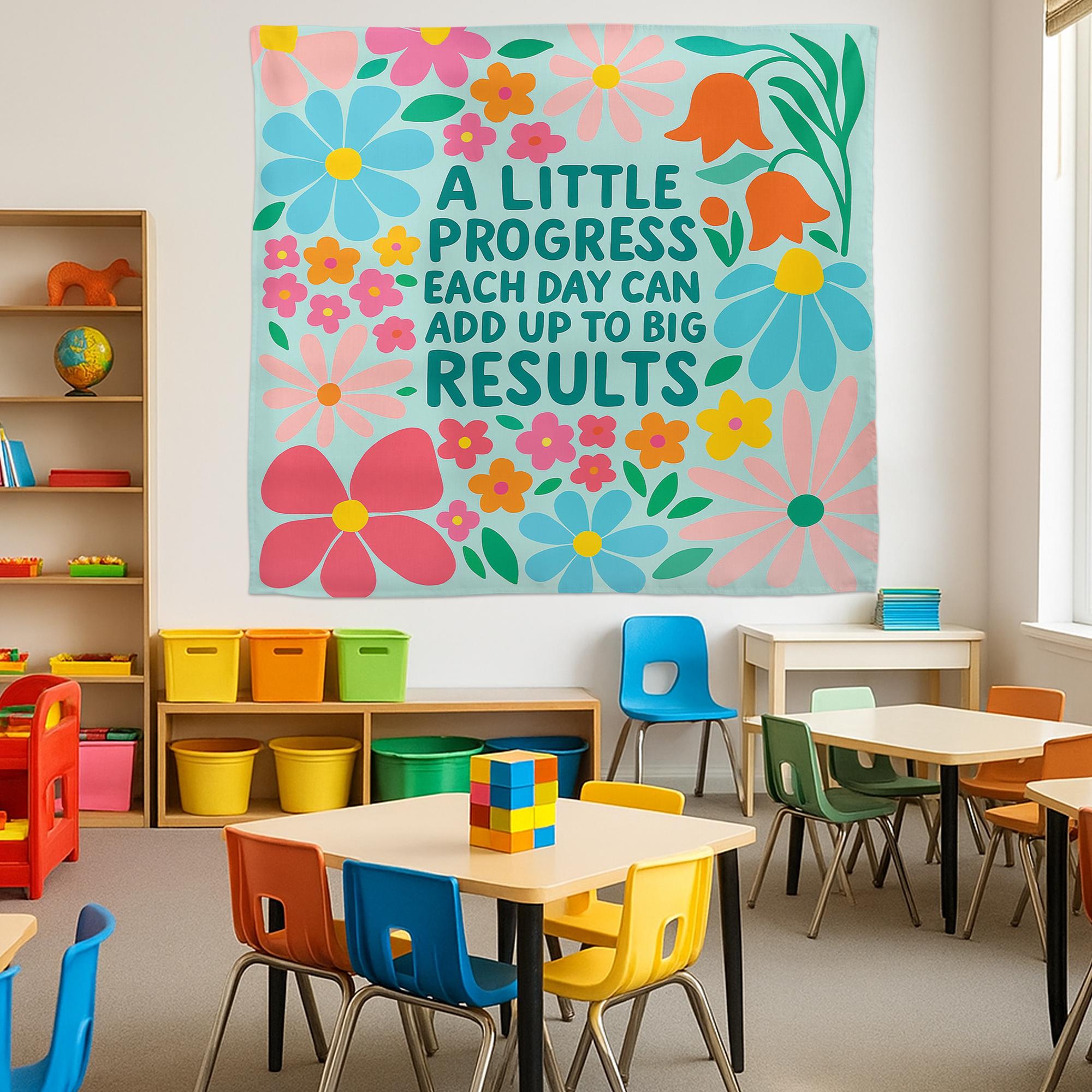 Motivational Classroom Tapestry, A Little Progress Each Quote, Floral Wall Decor for Teachers, Growth Mindset School Poster, Back To School